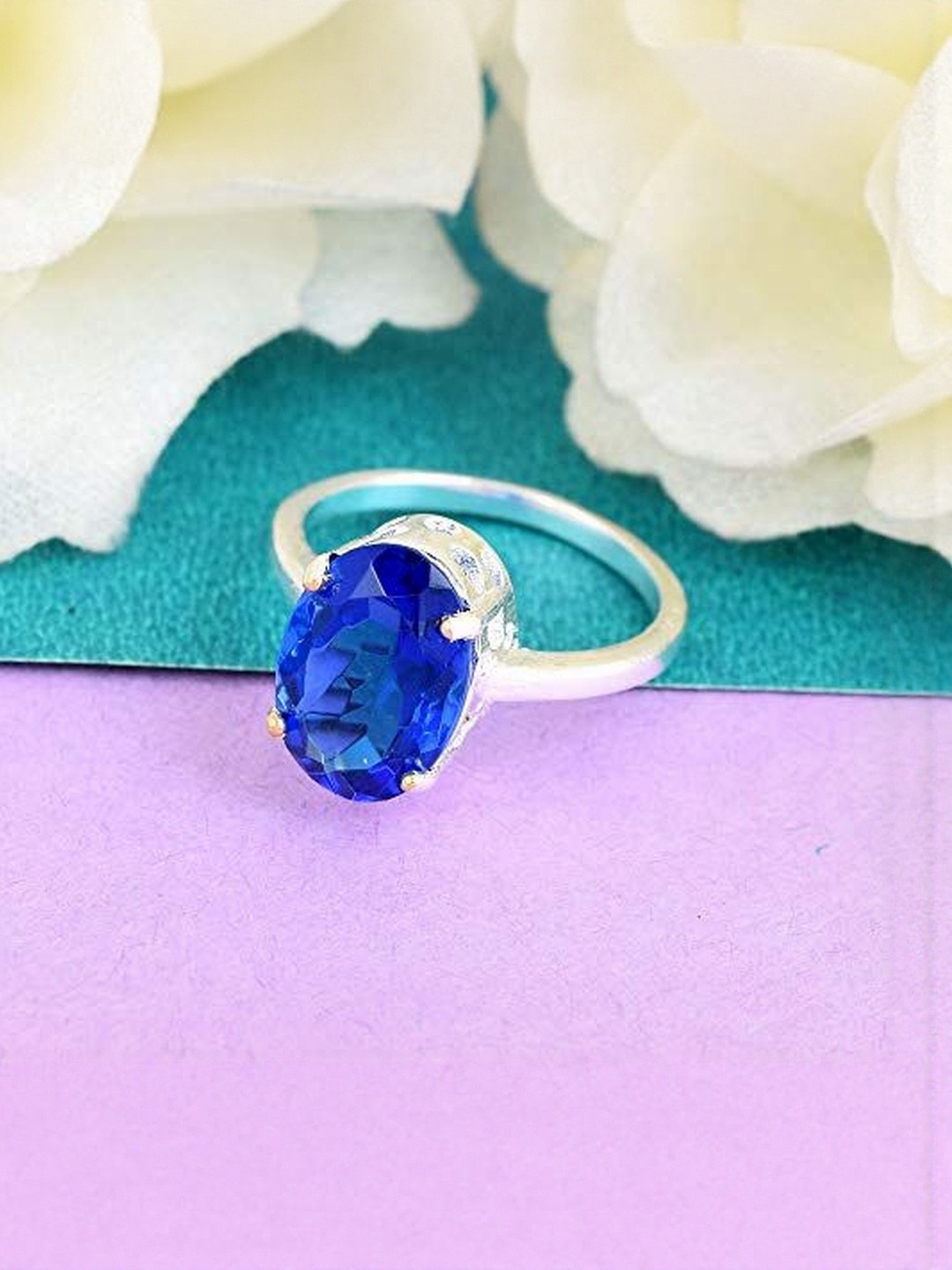 Brass Silverplated High Crown Faux Ceylon Blue Sapphire (Neelam) Fingerring