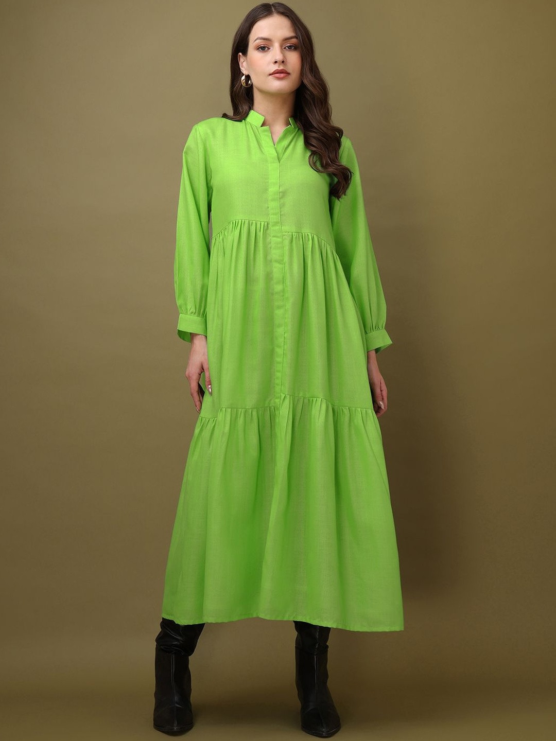 Solid Fit & Flare Green Dress
