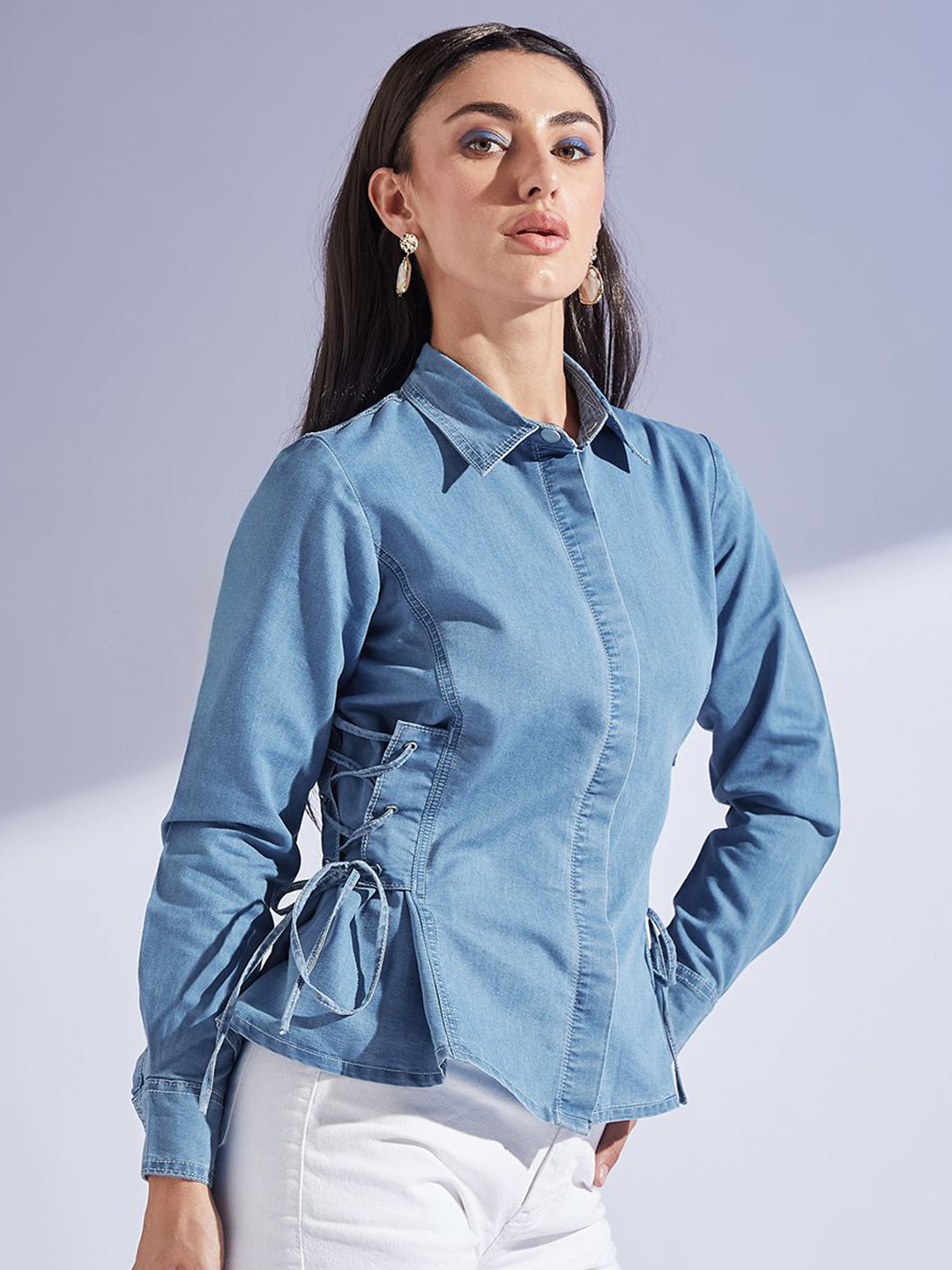 Miss Chase Fern Hollow Denim Regular Fit Tie Up Shirt