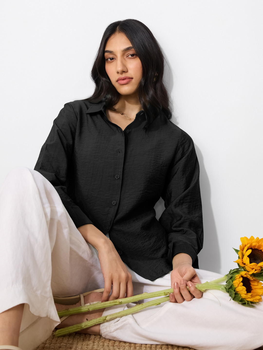 The Souled Store Spread Collar Long Sleeves Crinkled Back Tie Up Casual Shirt