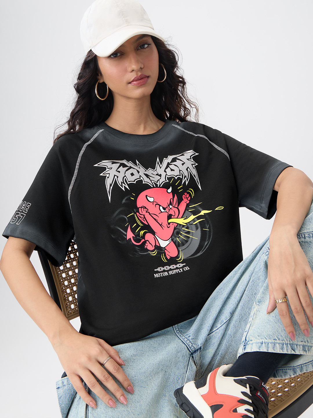 The Souled Store Women Hot Stuff: Little Devil Black Oversized Fit T-Shirts