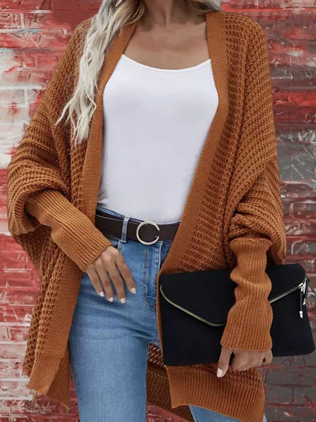 StyleCast Women Self Design Waffle Knit Open Front Cardigan Sweater