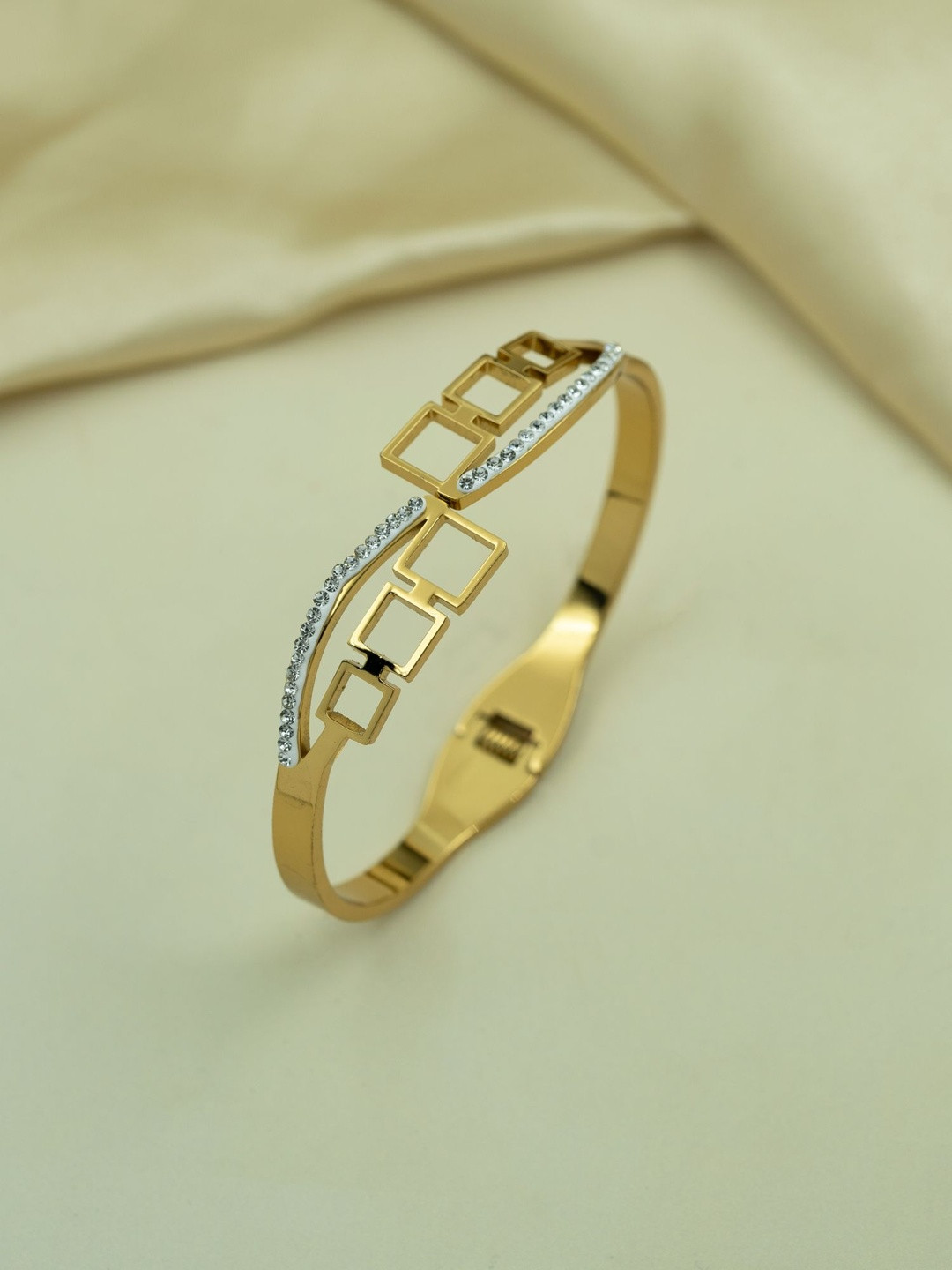 ARTKLIM Stainless Steel Gold-Plated Artificial Stones Studded Geometry Cuff Bracelet