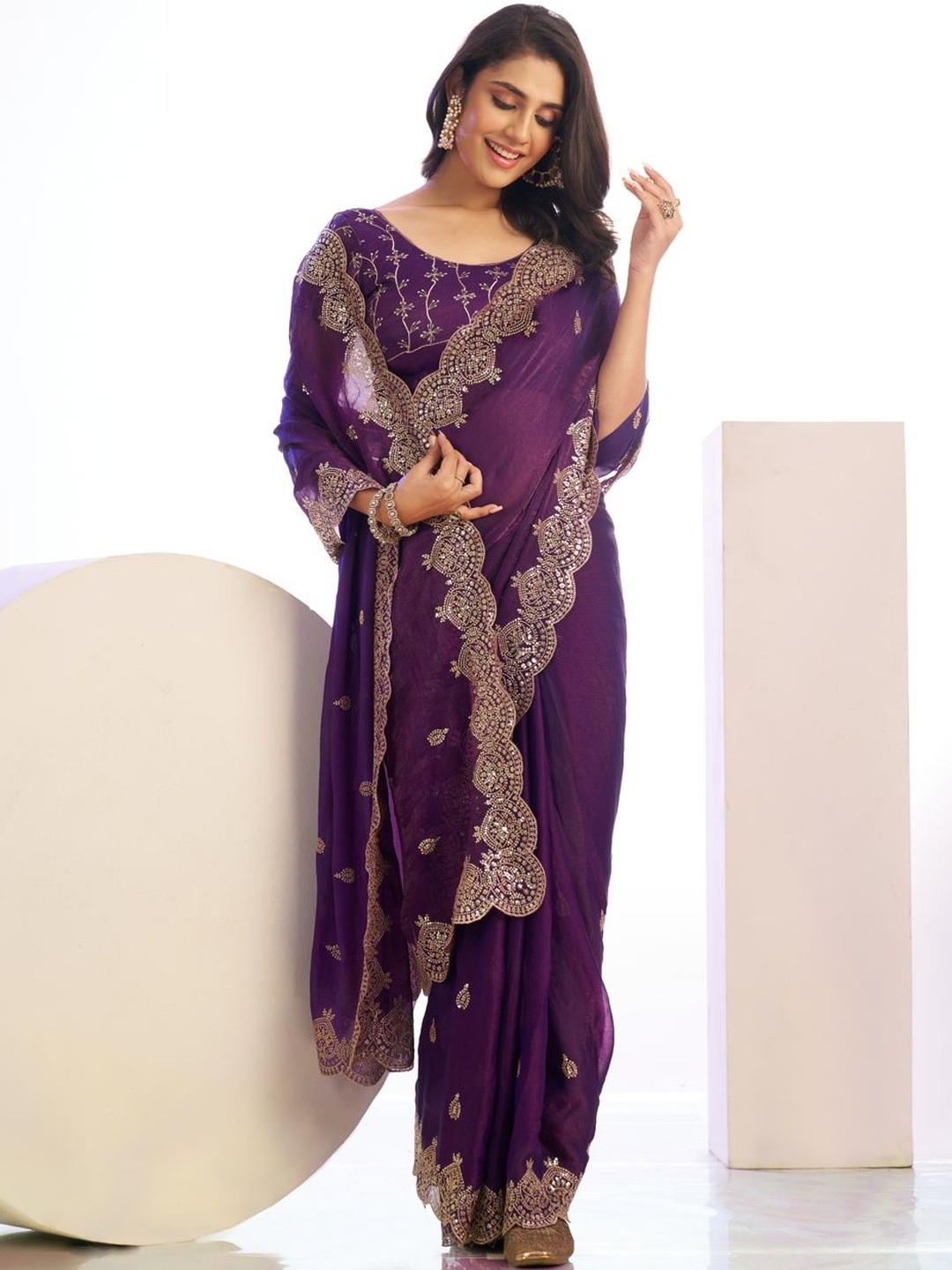 HERE&NOW Embroidered Sequinned Pure Chiffon Heavy Work Saree With Matching Pallu Blouse