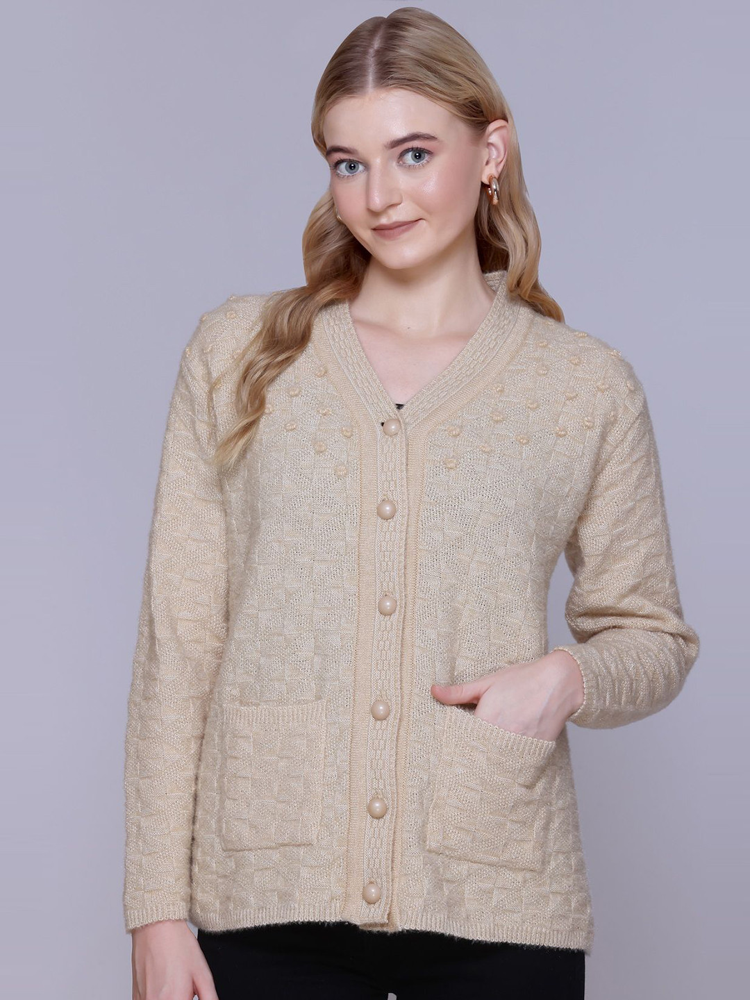 TRUDO Women Self Design Woollen V-Neck Long Sleeves Cardigan