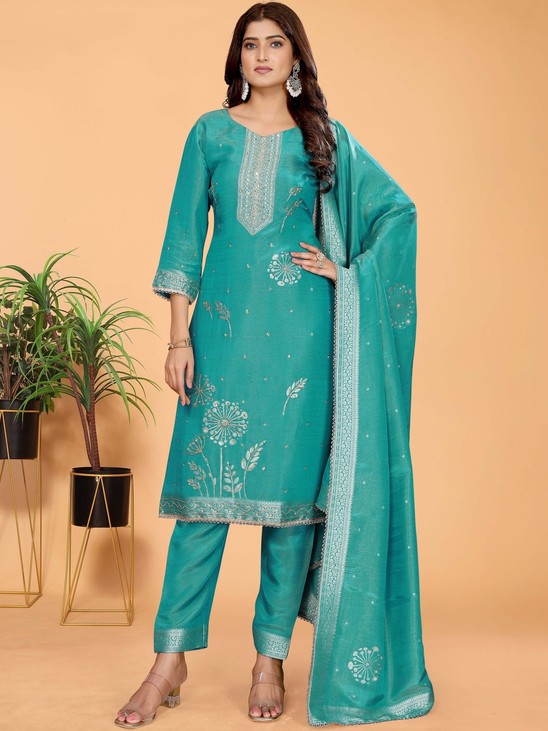Bhageerath Couture Motifs Embroidered Sequinned Pure Cotton Kurta Trousers & Dupatta