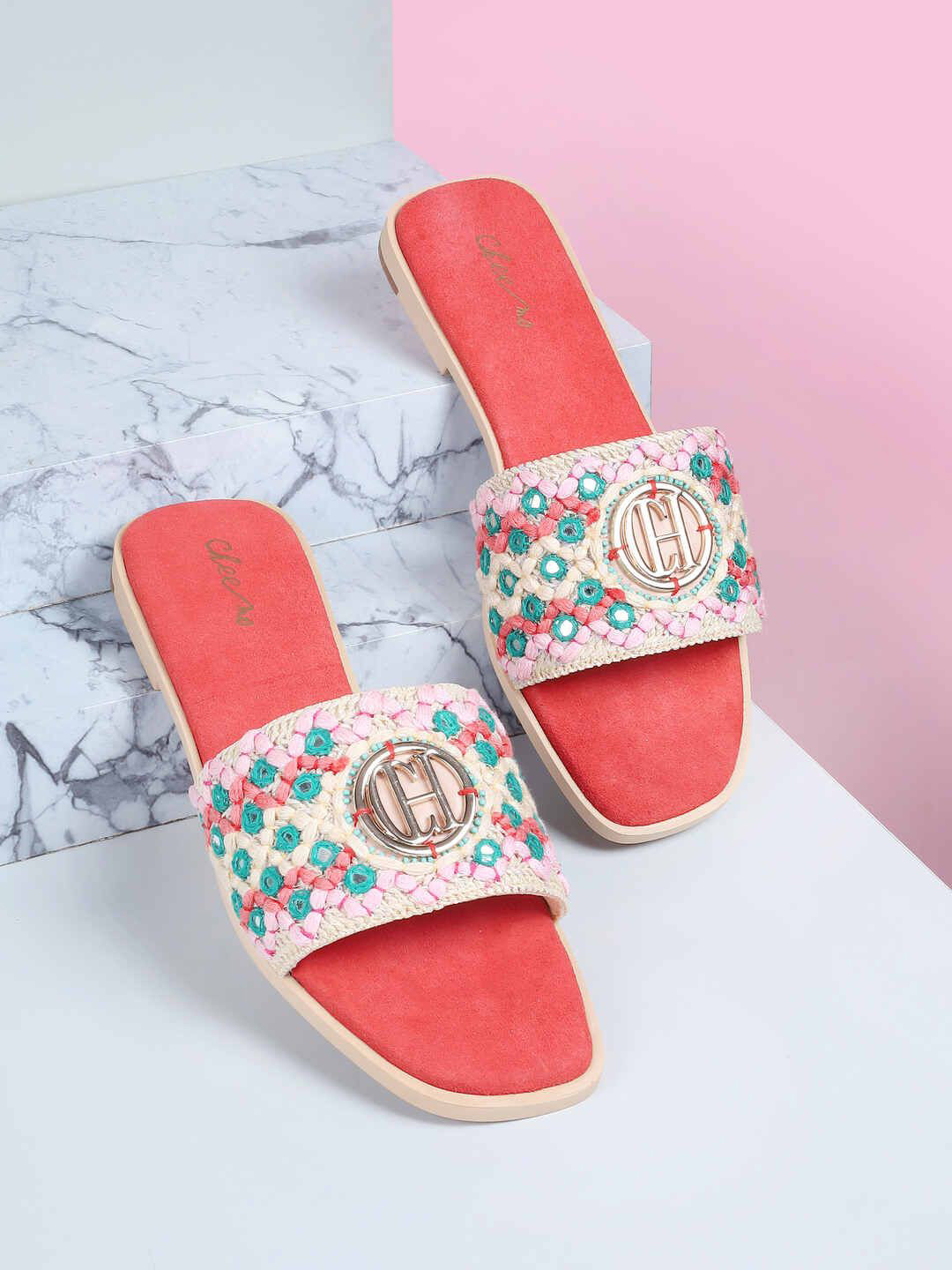 Cheemo Women Woven Design Open Toe Flats With Embroidered