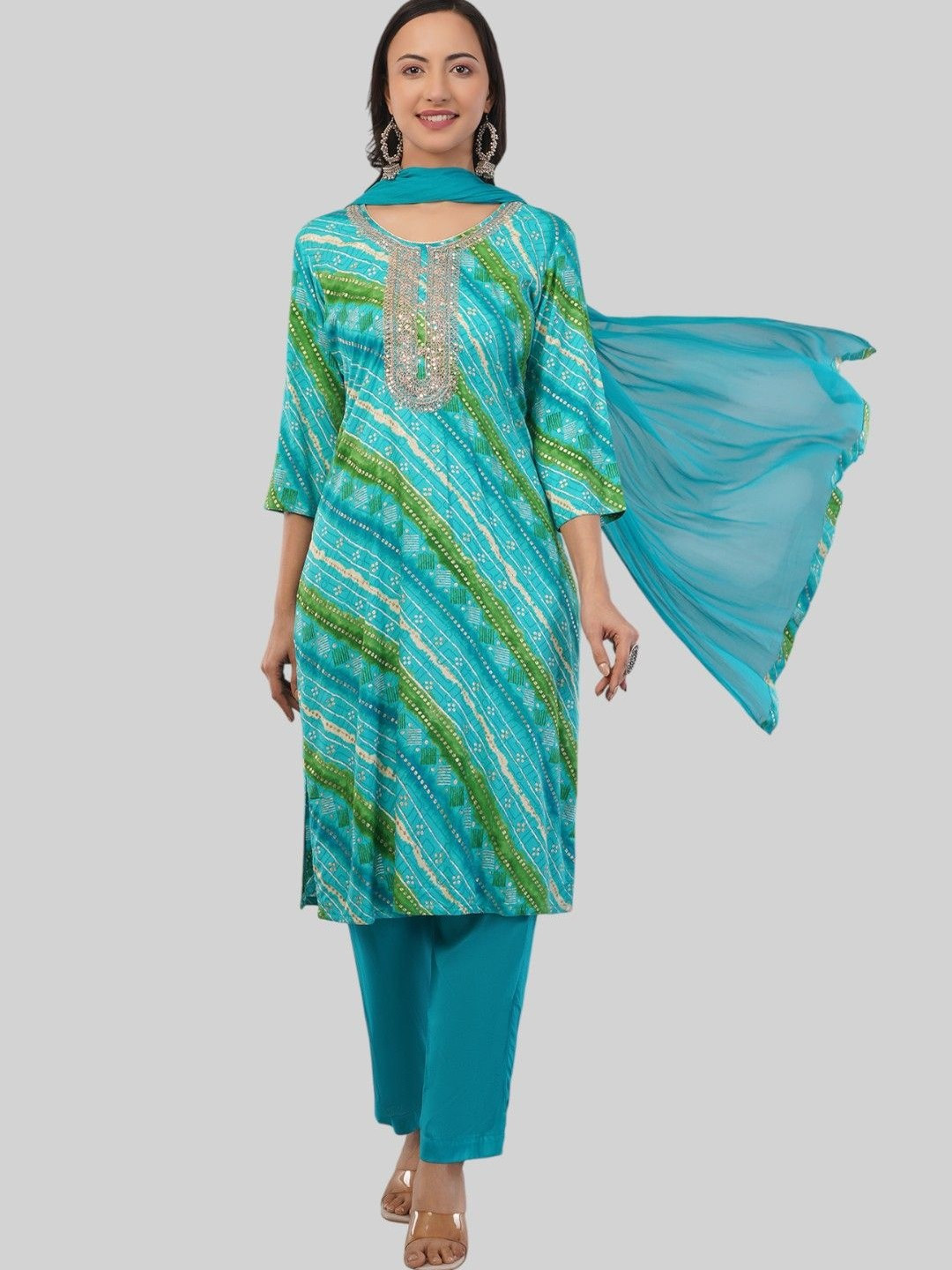 EELIKA Women Printed Beads and Stones Pure Cotton Kurta with Trousers & Dupatta