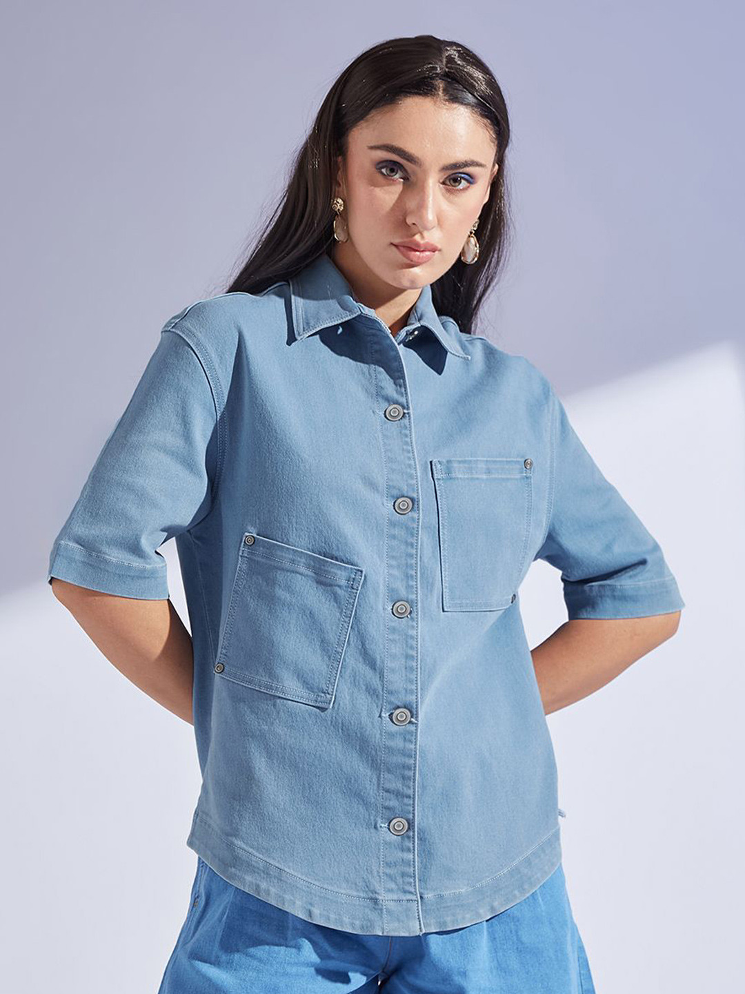 Miss Chase Women Shirt Collar Half Sleeve Denim Oversized Shirt