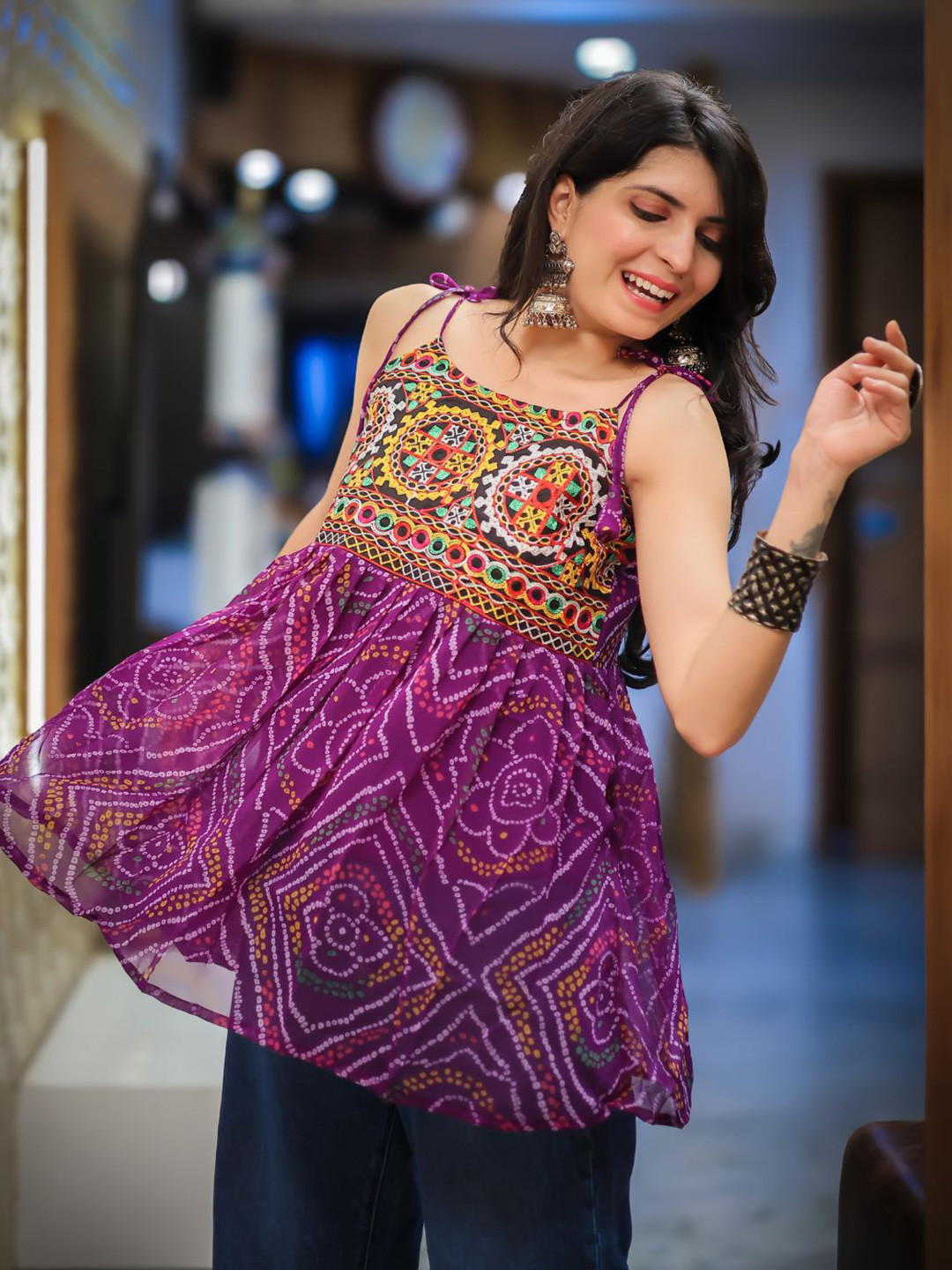 Youthnic Women Bandhani Embroidered Shoulder Knot Flared Pure Georgette Short Kurti