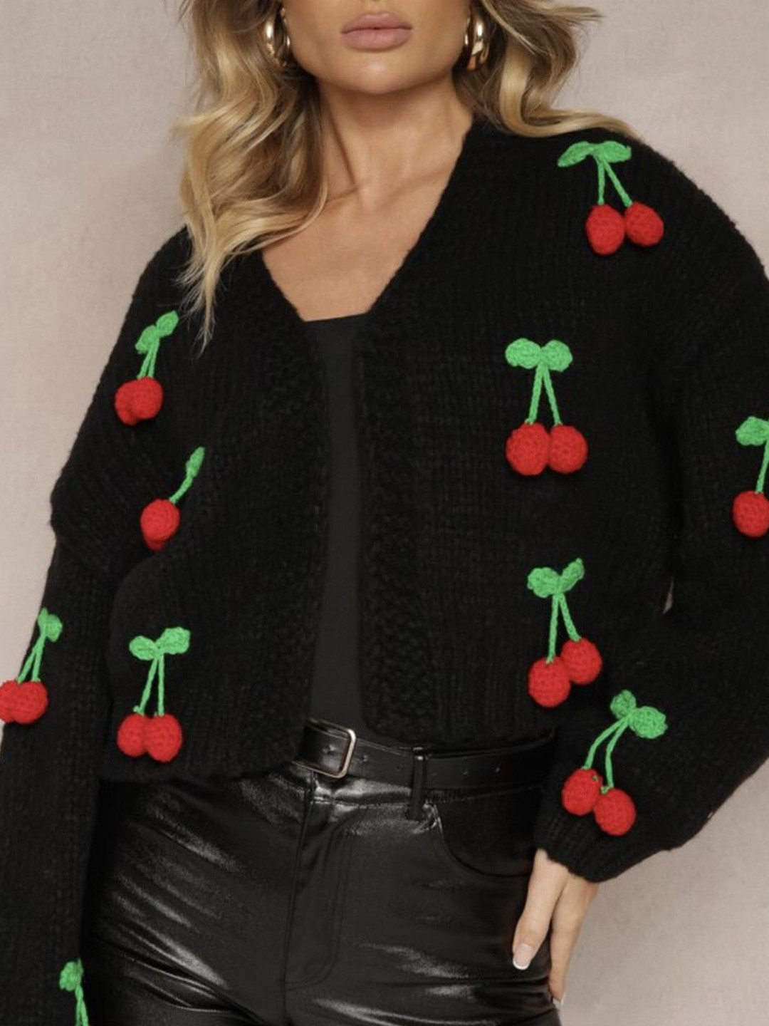 StyleCast Women Cherry Applique Knit V-Neck Crop Cardigan