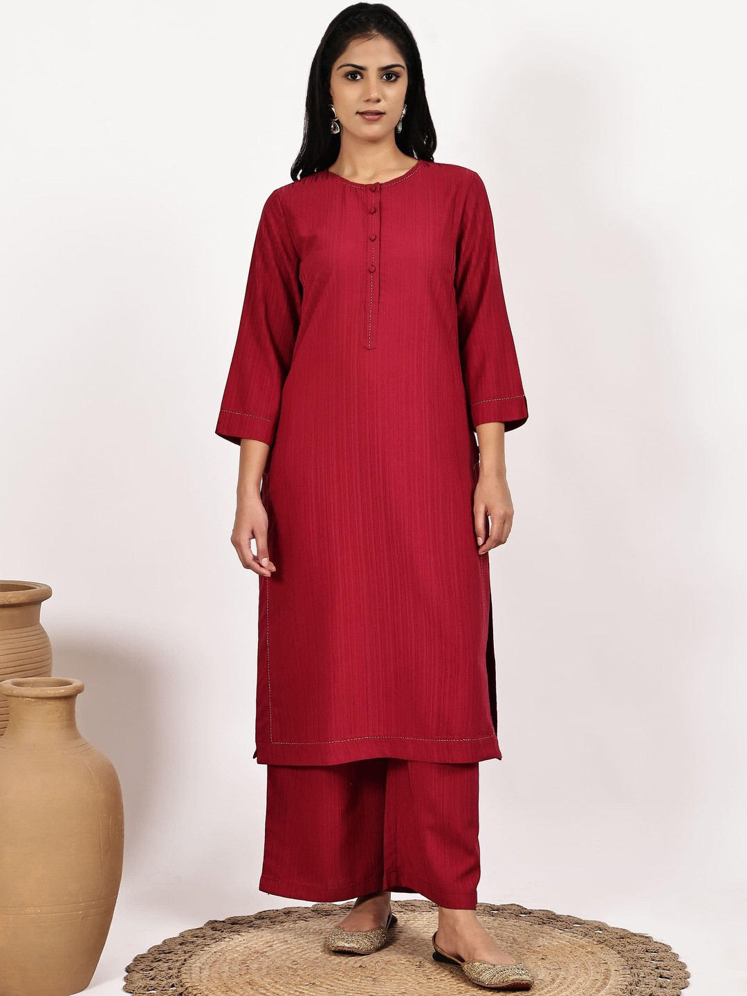 BEBLA Women Striped Round Neck Straight Kurta with Trousers