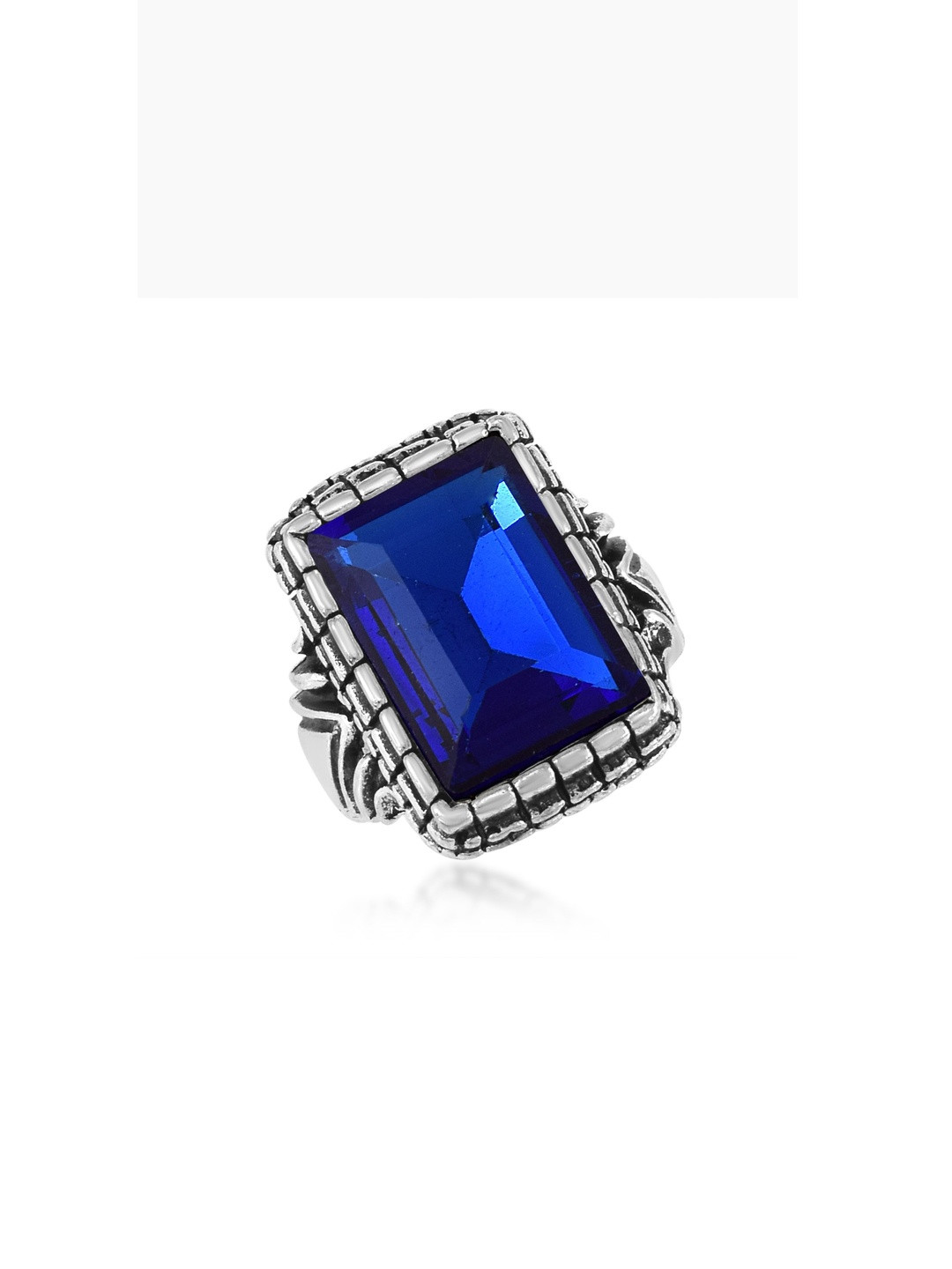 Brass Antique Oxidised Silverplated Faux Blue Sapphire Neelam finger ring