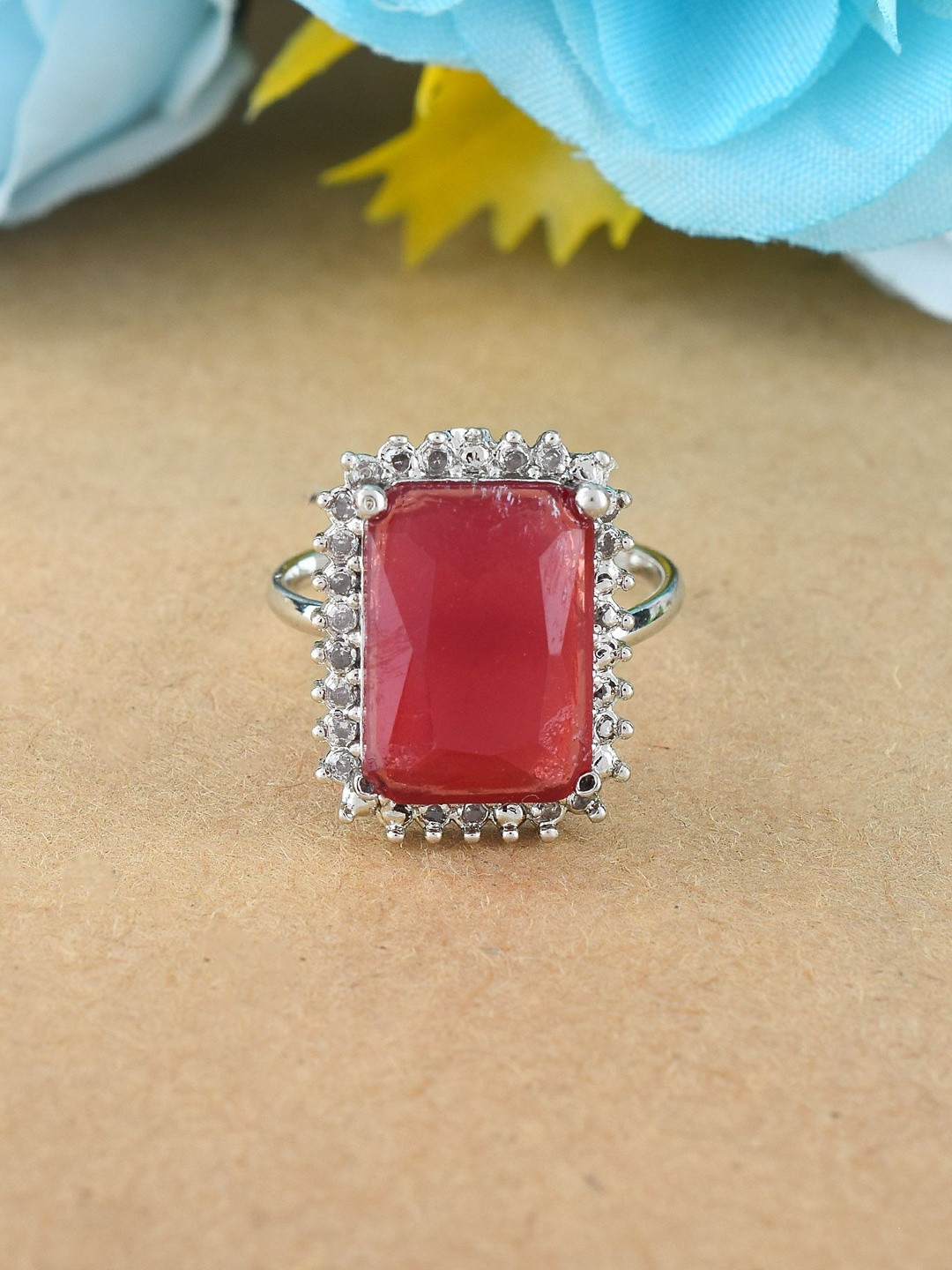 Brass Silverplated Faux Ruby with Lab Grown Diamonds finger ring