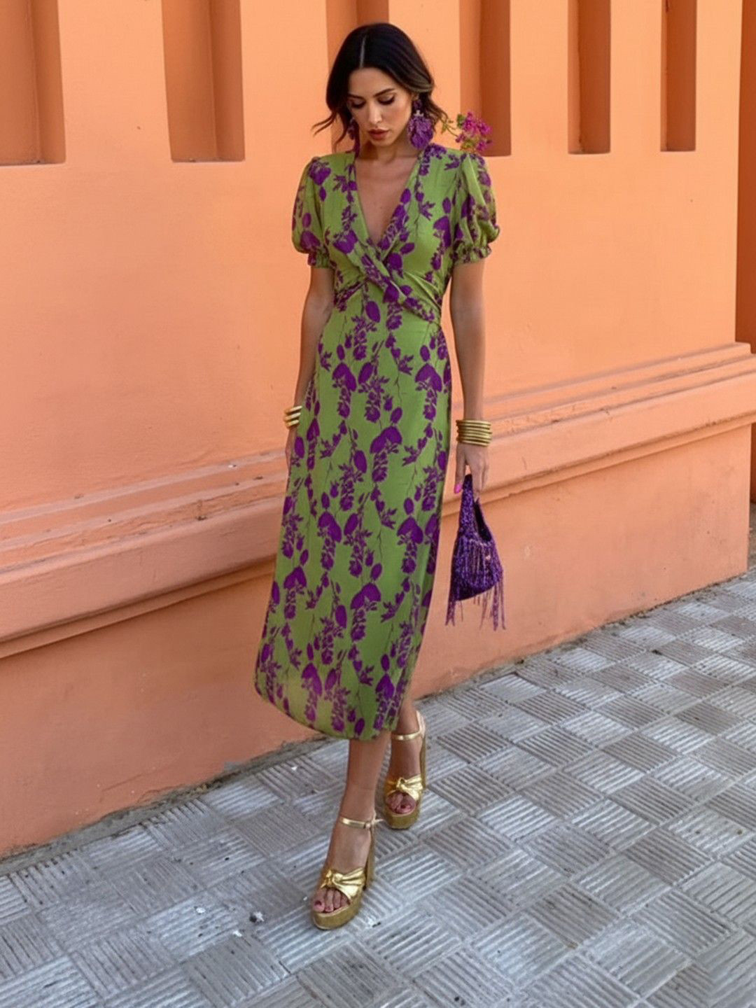 Mast & Harbour Women Floral Print Puff Sleeve Midi Dress