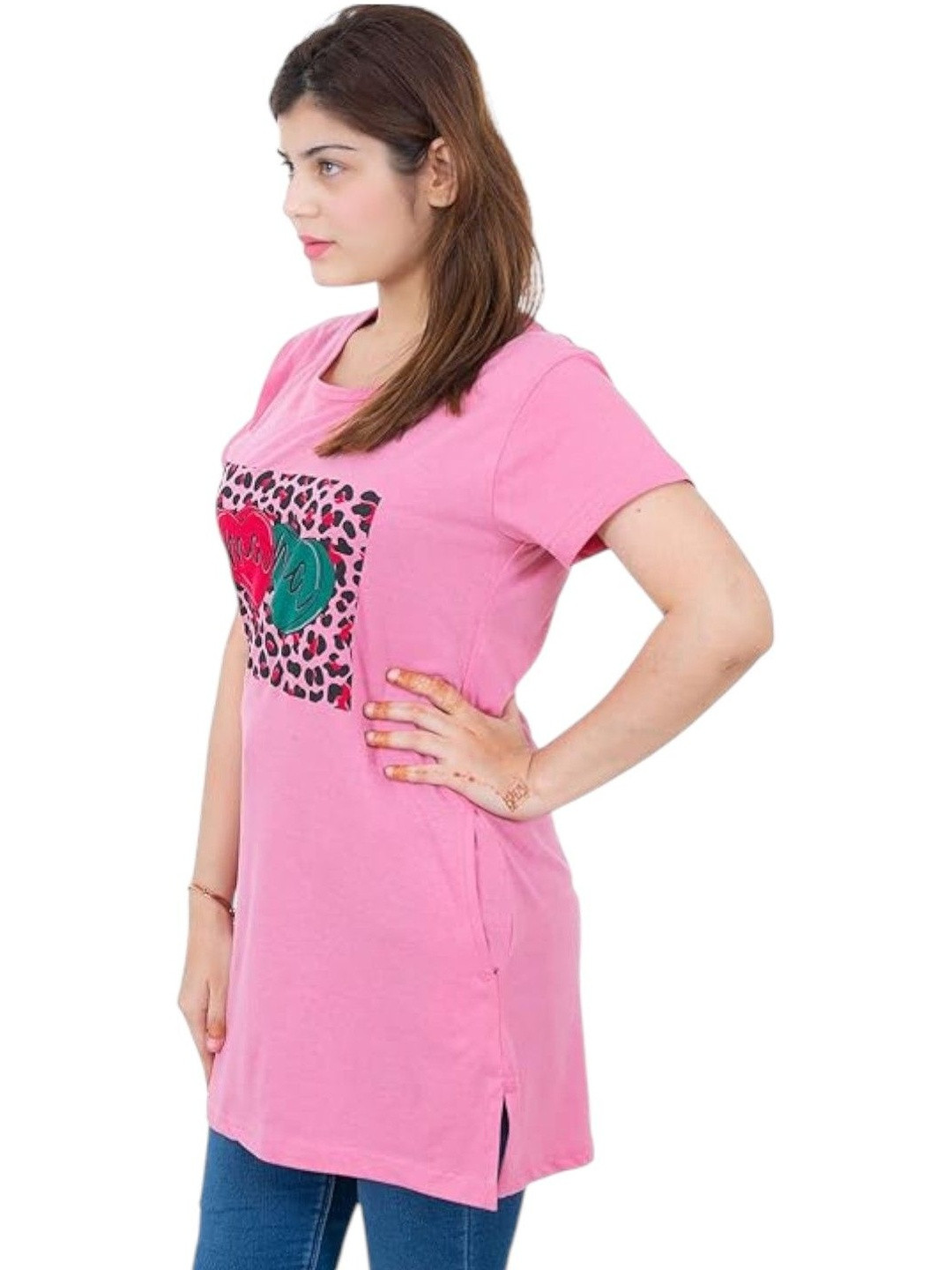 Amoldo Animal Printed Round Neck Regular Short Sleeves Longline Top