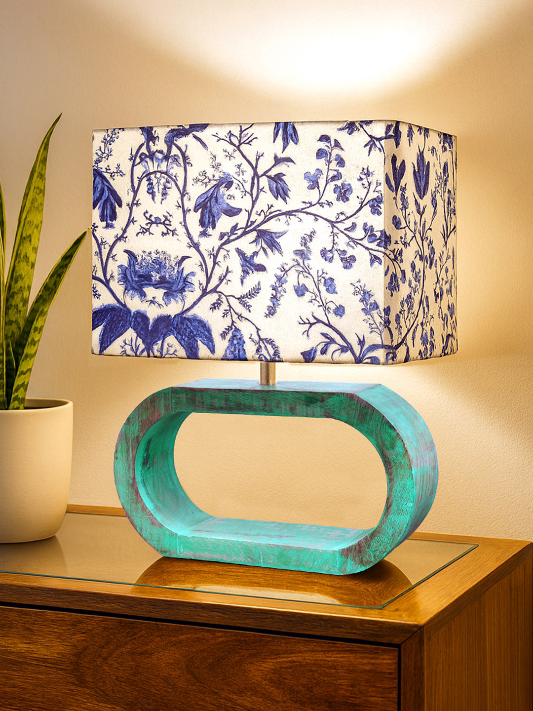 Homesake Algae Blue & Green Wooden Table Lamp With Shade & LED Blue