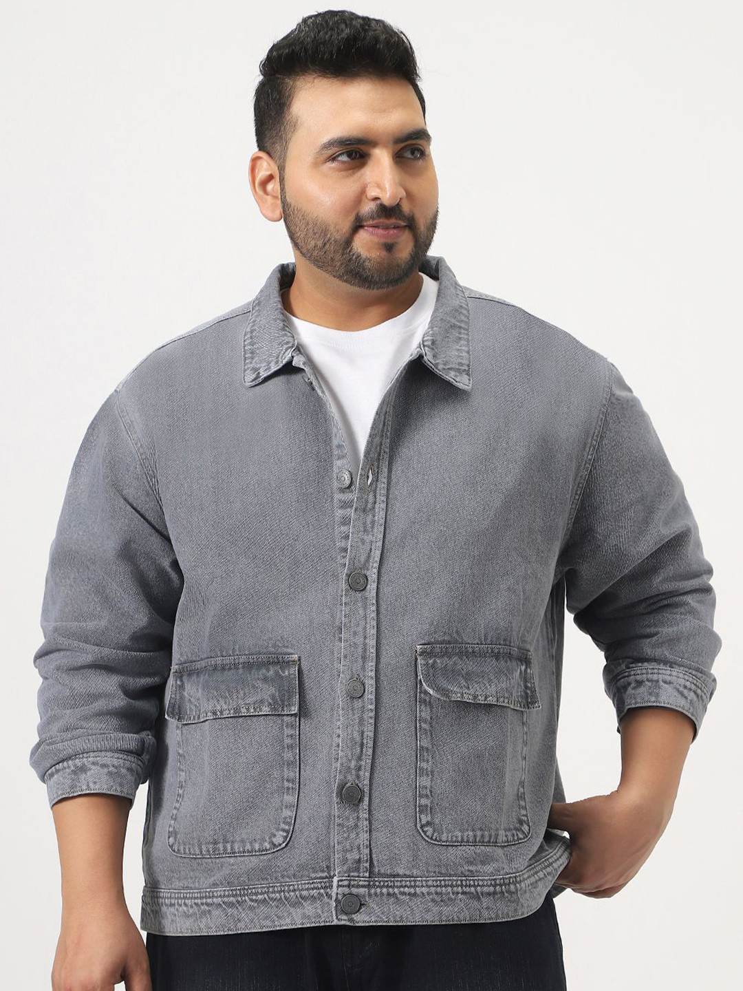 Urbano Plus Men Plus Size Grey Relaxed Fit Full Sleeve Utility Denim Jacket