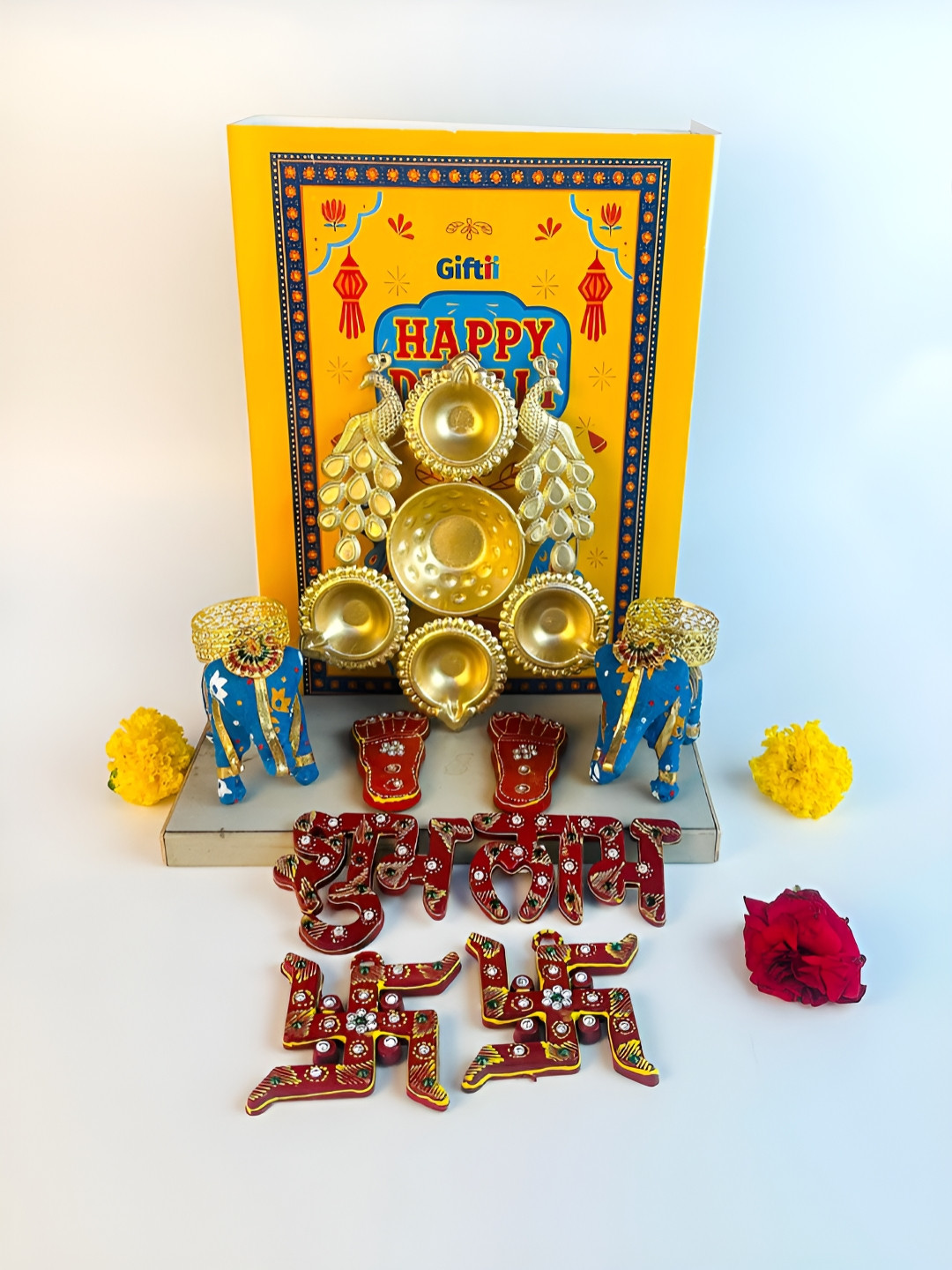 Giftii 9Pcs Red & Blue Shubh Labh Diya Peacock Design & Swastik With Footprints Gift Set