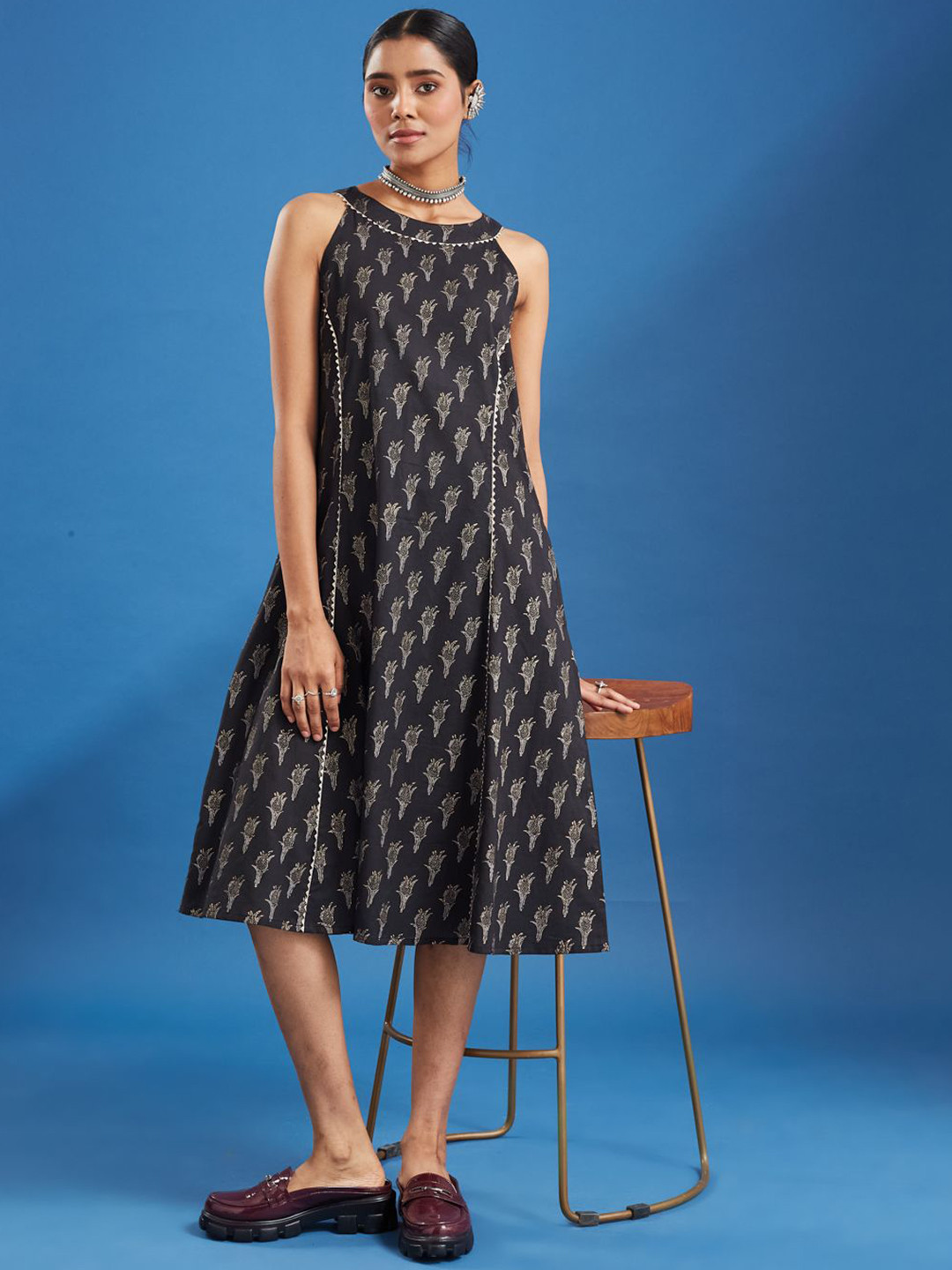 Taavi Khari Handblock Printed A-Line Sleeveless Pure Cotton Dress