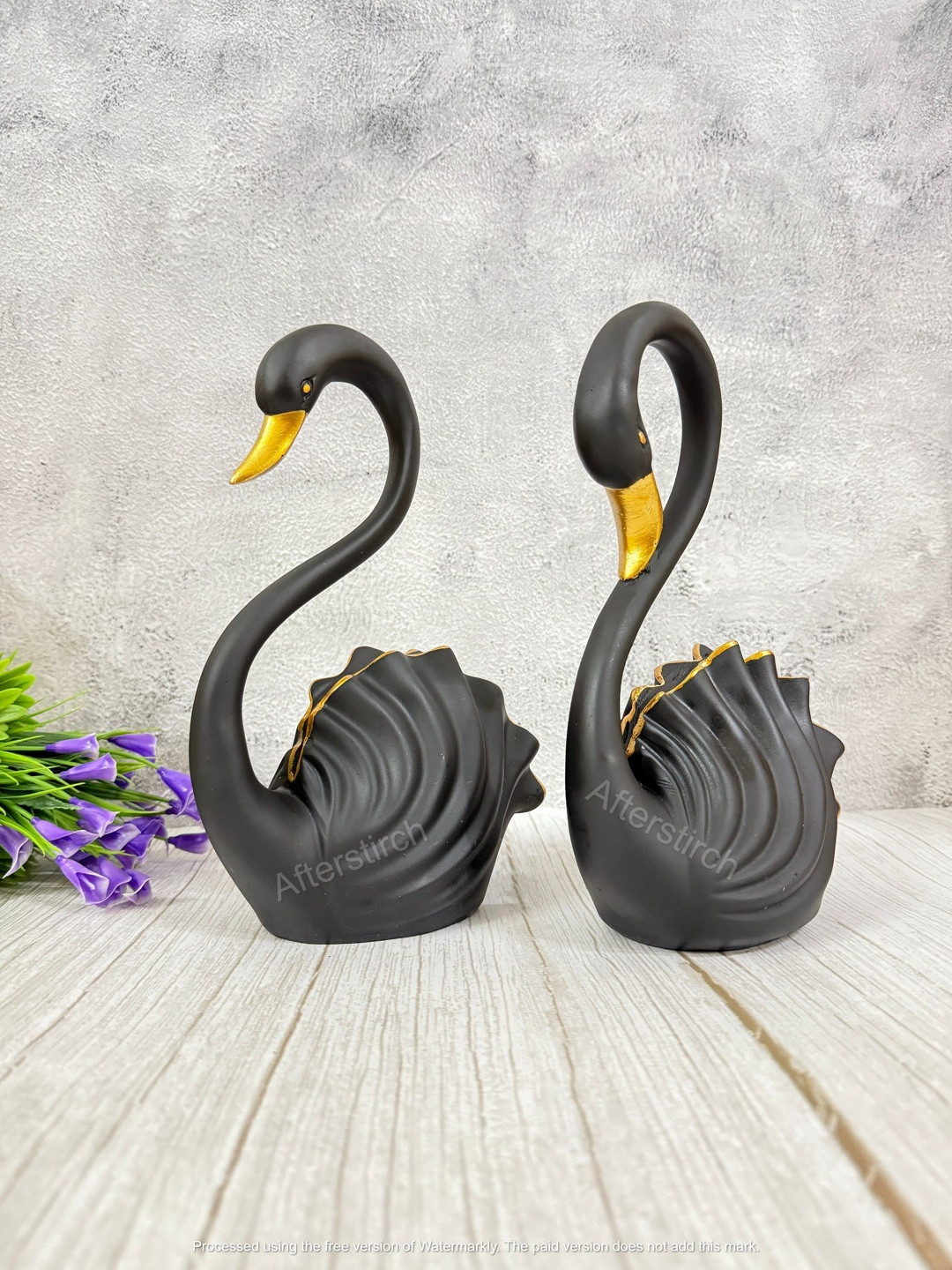 Afterstitch Black Pair Of 2 PolyPolyresin Swan Idols Showpieces