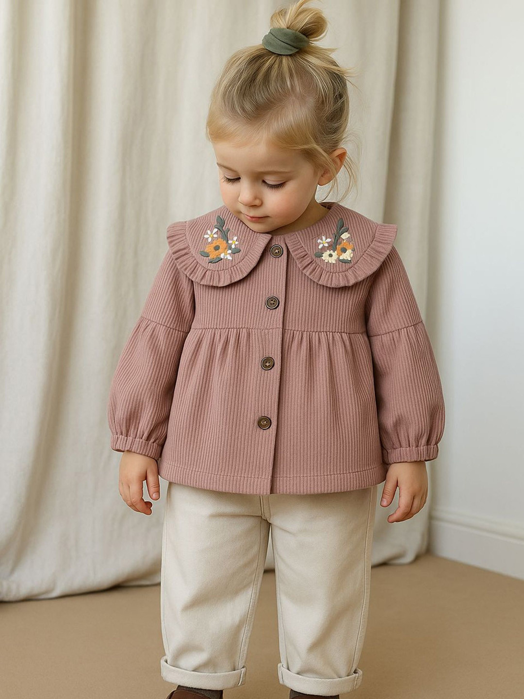 Le Nino Girls Embroidered Textured Peter Pan Collar Cotton Tops