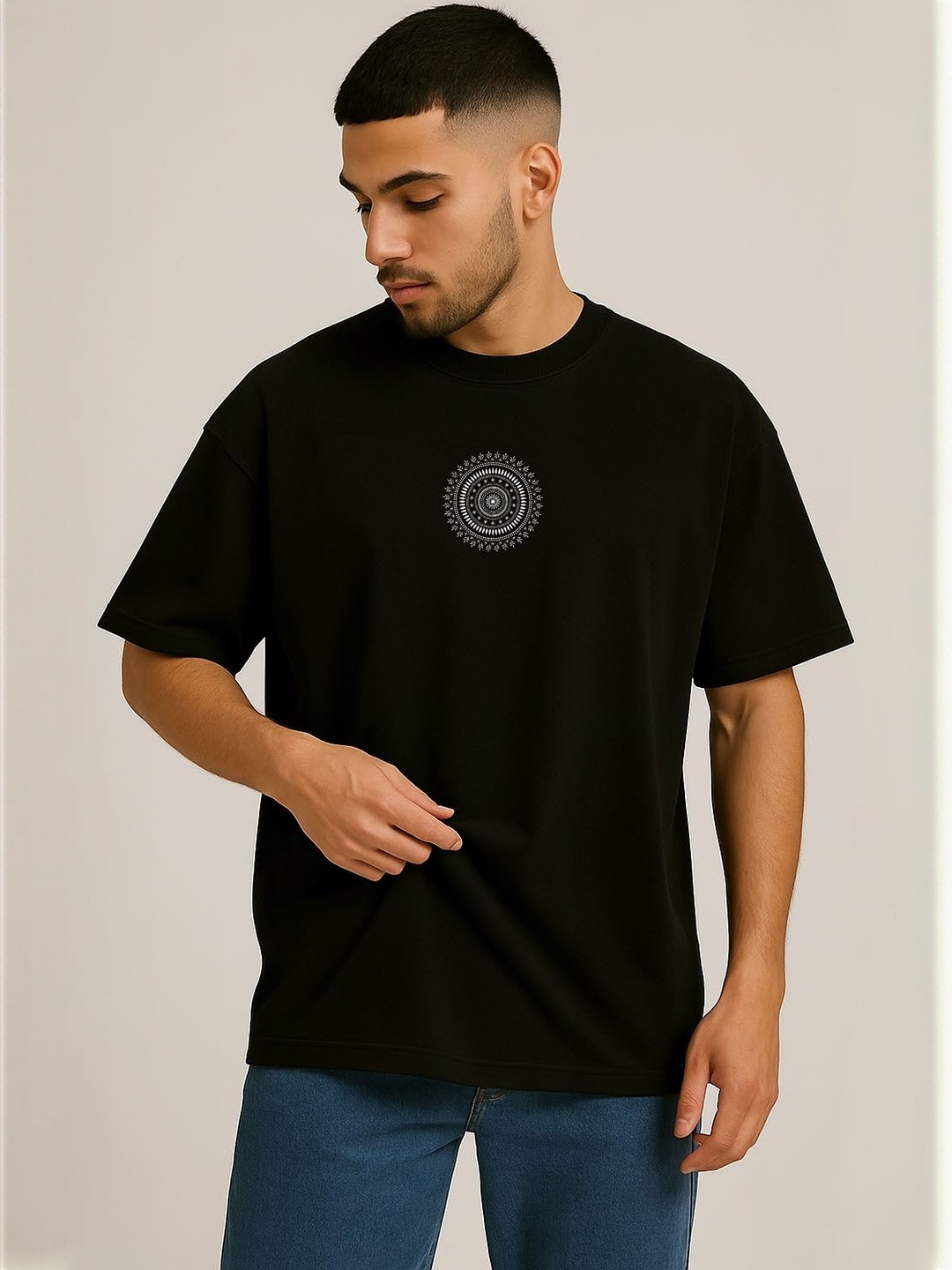 Moda Rapido Mandala Printed Round Neck Short Sleeves Cotton Oversized T-shirt