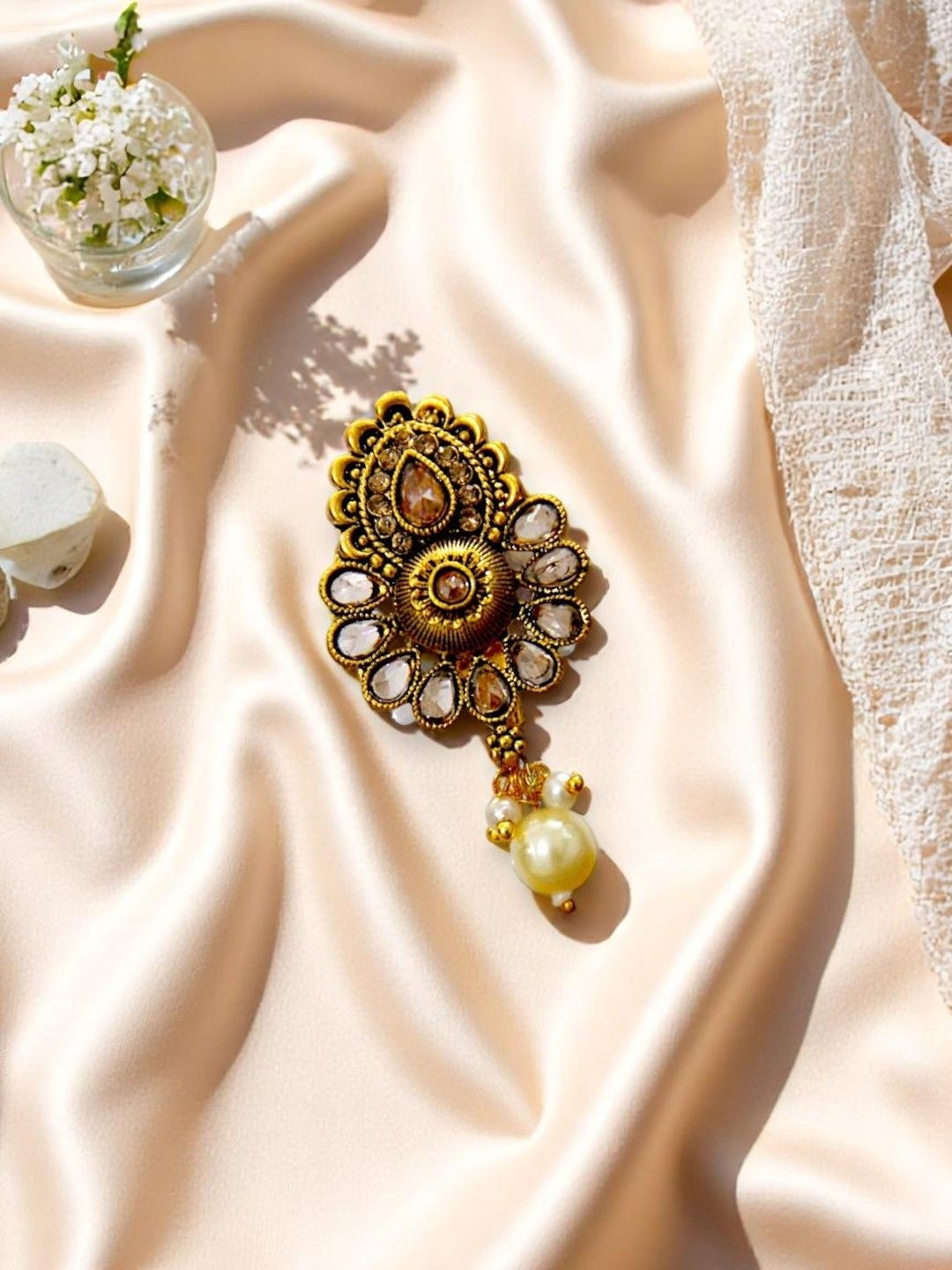 ACCESSHER Gold-Tone Kalash Brooch with Kundan Stone & Pearl