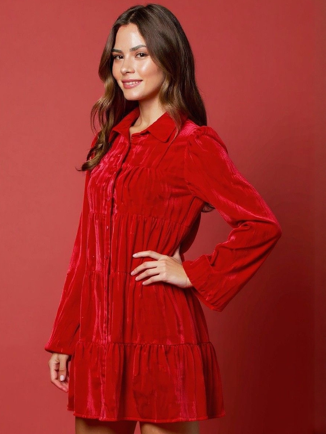 HERE&NOW Women Red Solid Shirt Collar Polyester A-Line Dress