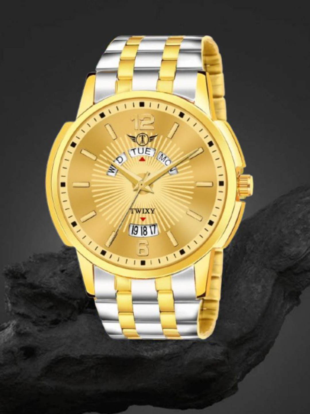 TWIXY Men Brass Dial & Stainless Steel Straps Analogue Watch TYW-EM-105 T-T GOLD