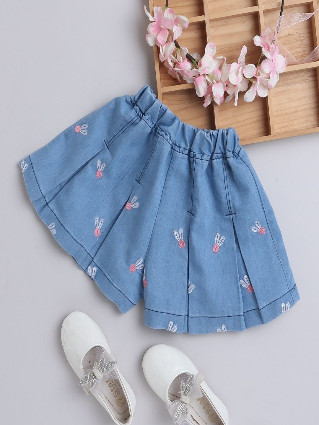 BRIGHT STARS KIDSWEAR Girls Embroidered Flared Denim Shorts