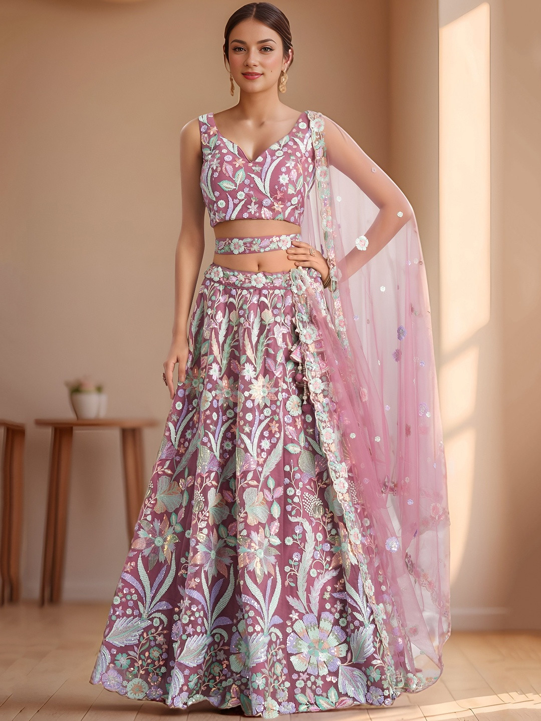 DIVASTRI Women Pink Sequins Embroidered Work Soft Net Lehenga Choli with Dupatta