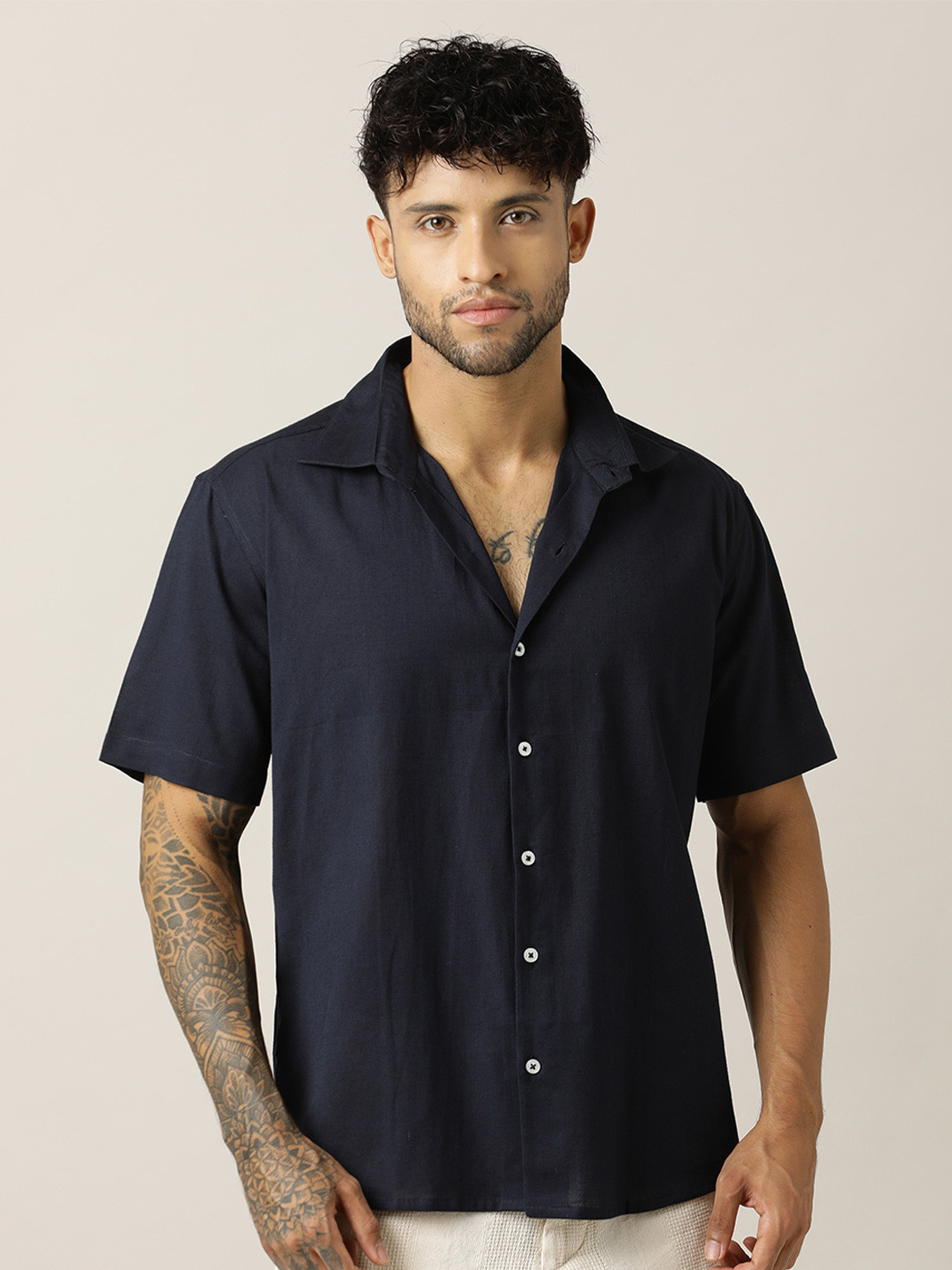 Paper Cut Relaxed Spread Collar Cotton Shirt