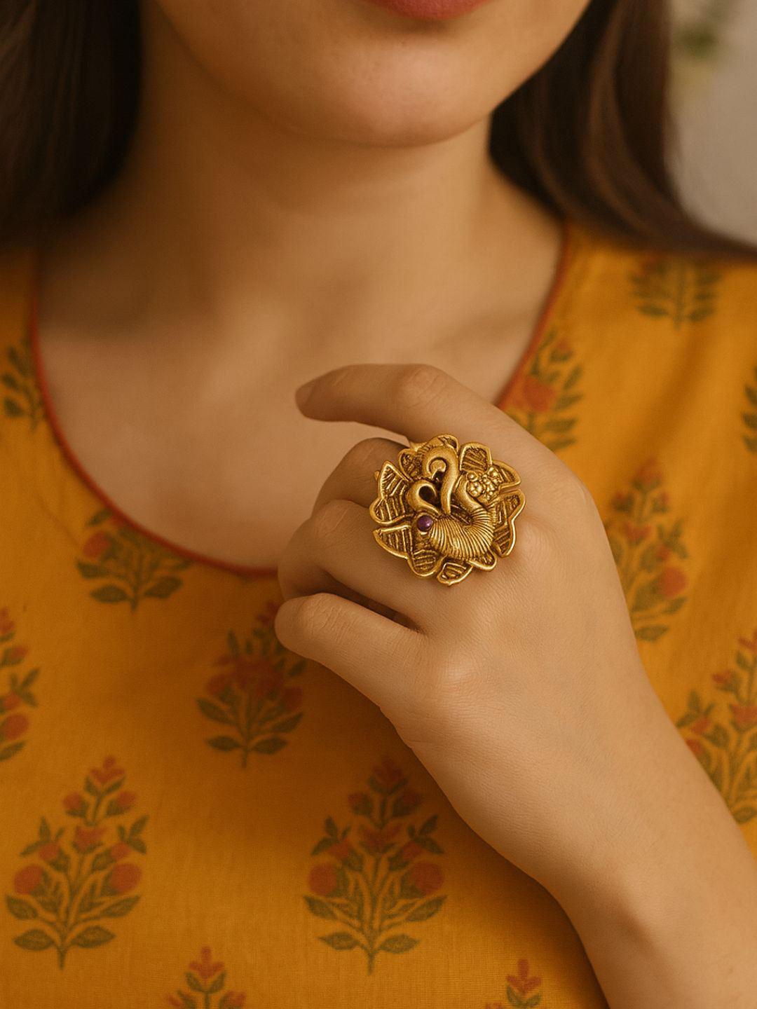 I Jewels Gold Plated Peacock Design Adjustable Finger Ring