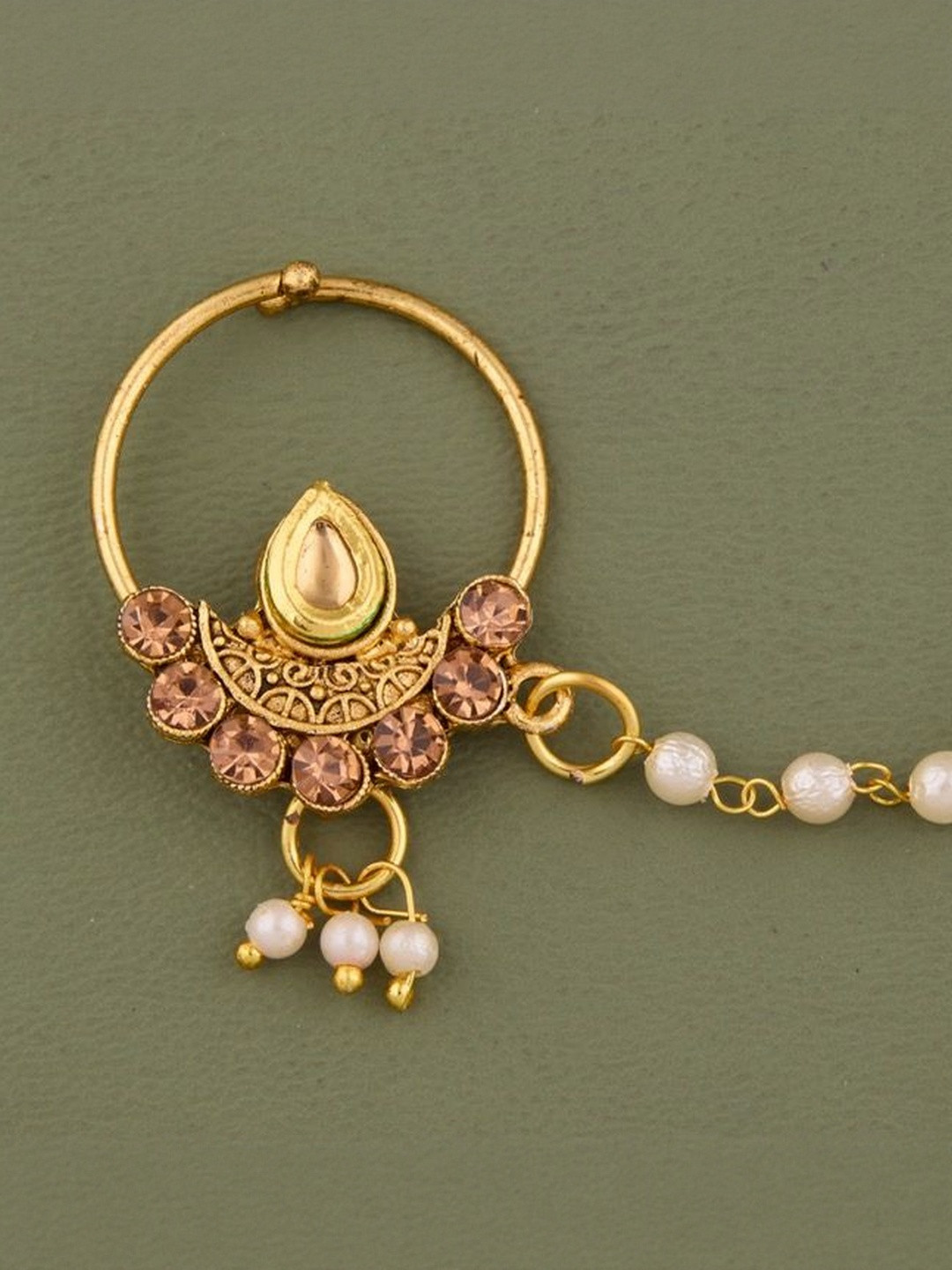 GC PREMIUM JEWELLERY Gold-Plated CZ Studded And Pearls Beaded Multi-Layer Chain Nosepin