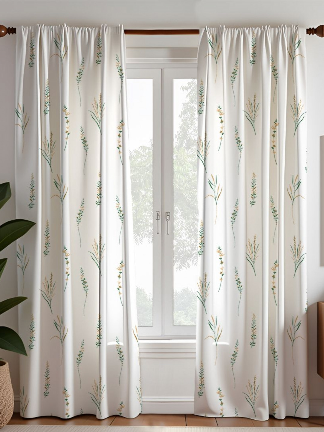HOMEMONDE Yellow & White 2 Pieces Floral Printed Room Darkening Long Door Cotton Curtains