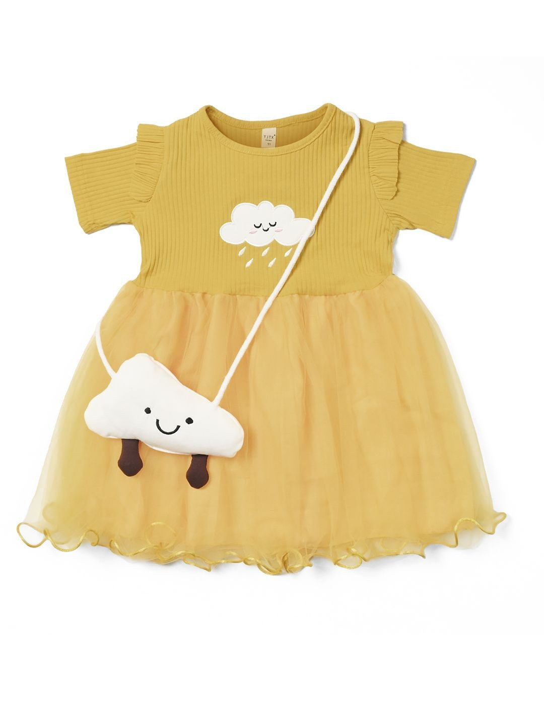 Bold N Elegant Girls Flutter Sleeves Embroidered Fit & Flare Dress with Bag