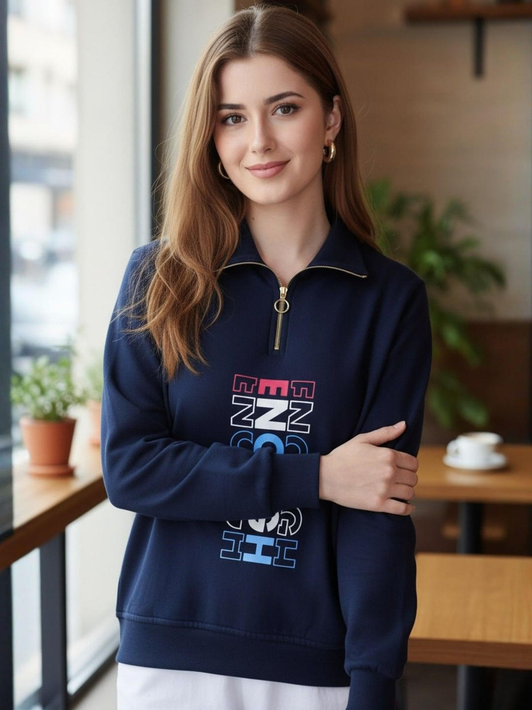 Roadster Women Blue Fleece Printed Pullover
