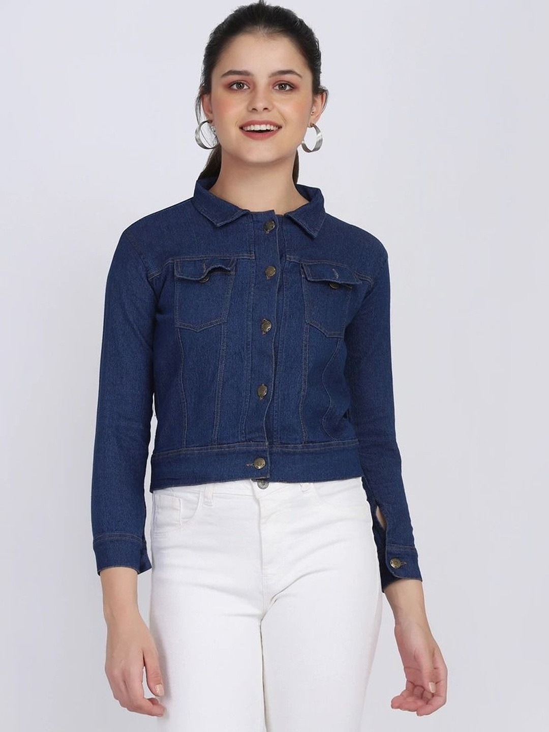 Moda Rapido Women Navy Blue Solid Long Sleeves Denim Casual Jacket