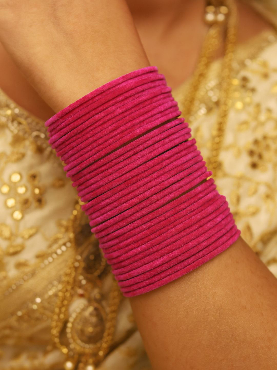 I Jewels Women Set of 48 Pink Metal Velvet Bangles