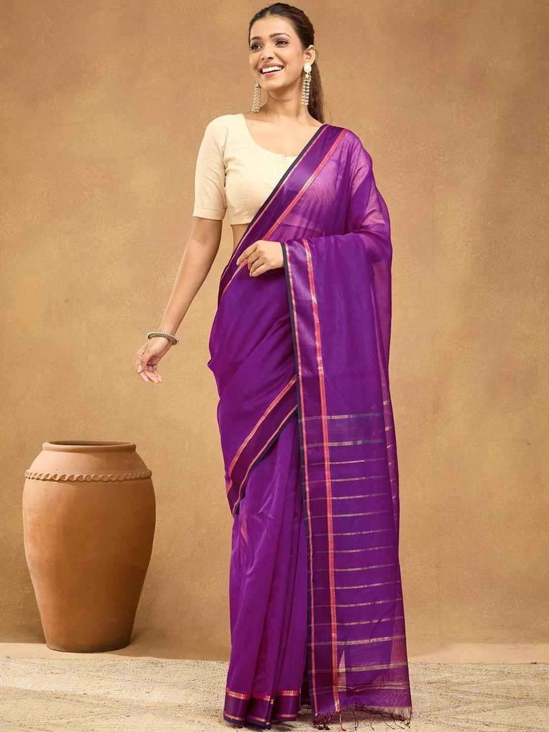 Fabindia Women Woven Design Striped Saree Without Blouse