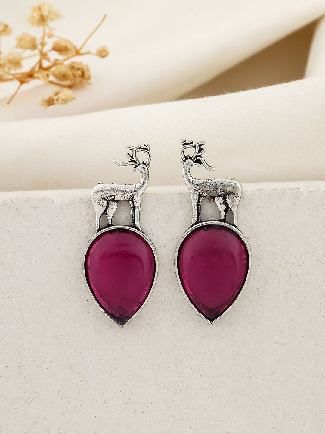Sangria Silver-Plated Artificial Stones Studded Animal Shaped Studs With Deer Design