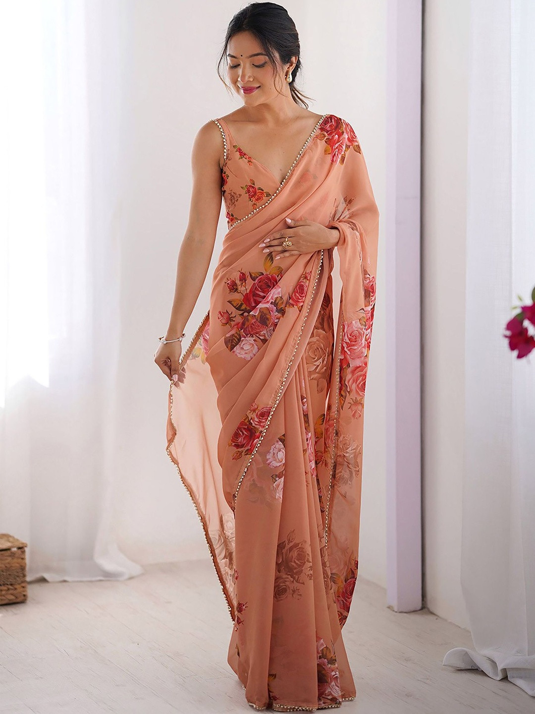 BerMondsey Floral Block Print Embellished Border Saree