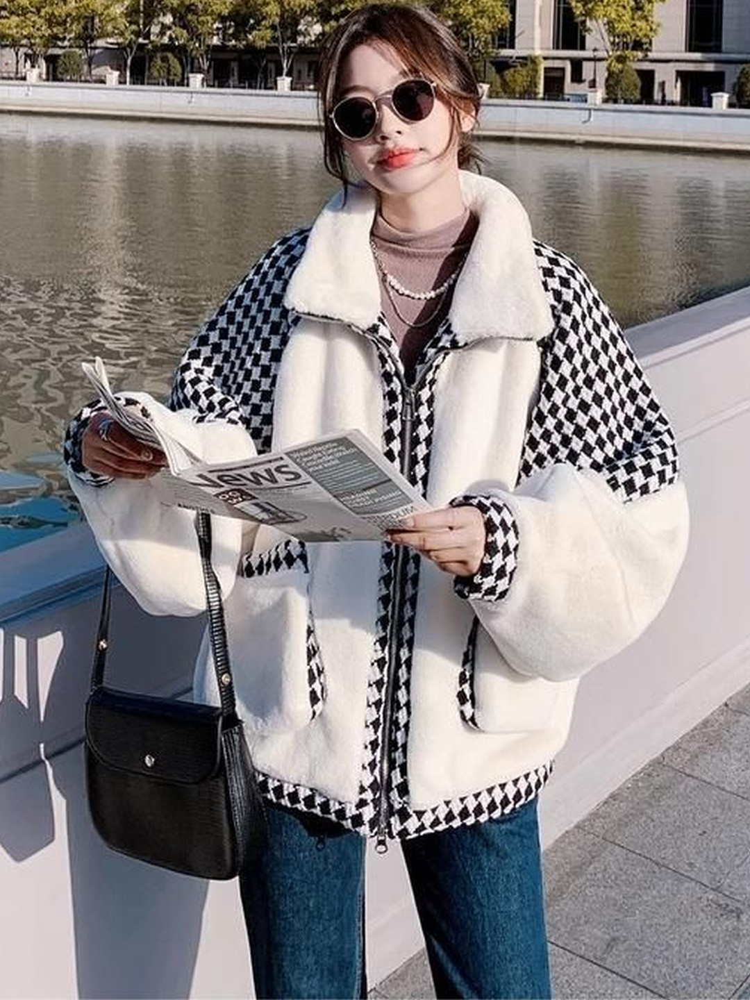 HERE&NOW Women Fleece & Checks Patterned Jacket