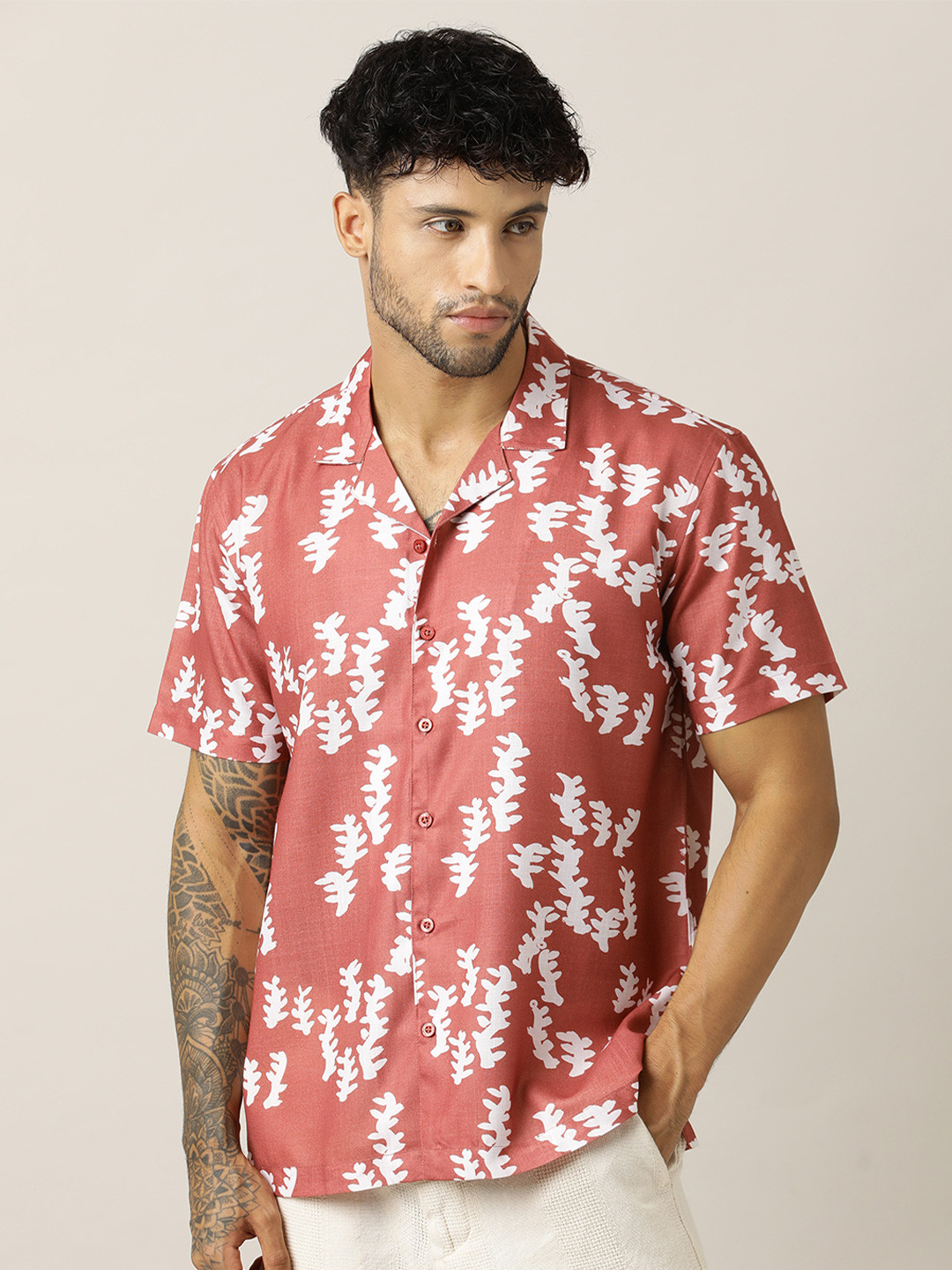 Paper Cut Relaxed Printed Spread Collar Linen Shirt
