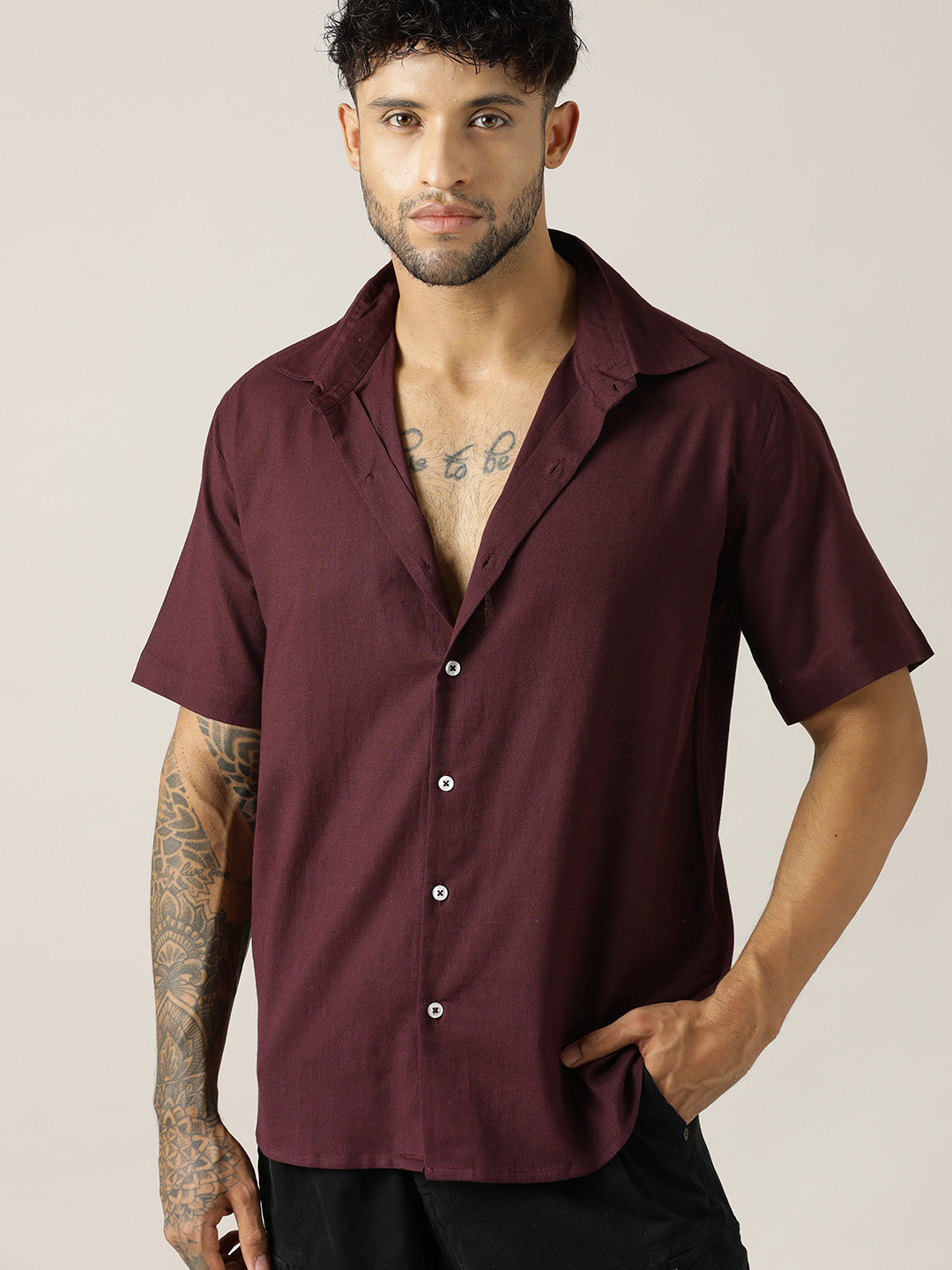 Paper Cut Relaxed Fit Spread Collar Cotton Shirt