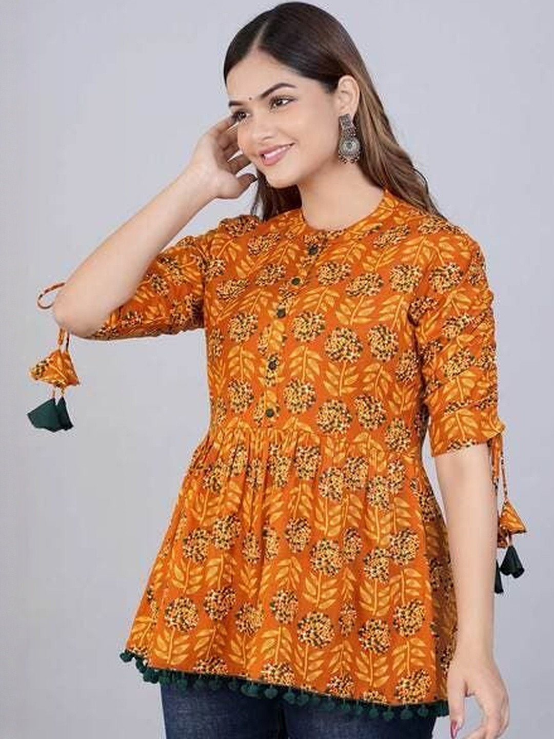 VYKOO Women Erhnic Motifs Printed Gathers Round Neck Tunic