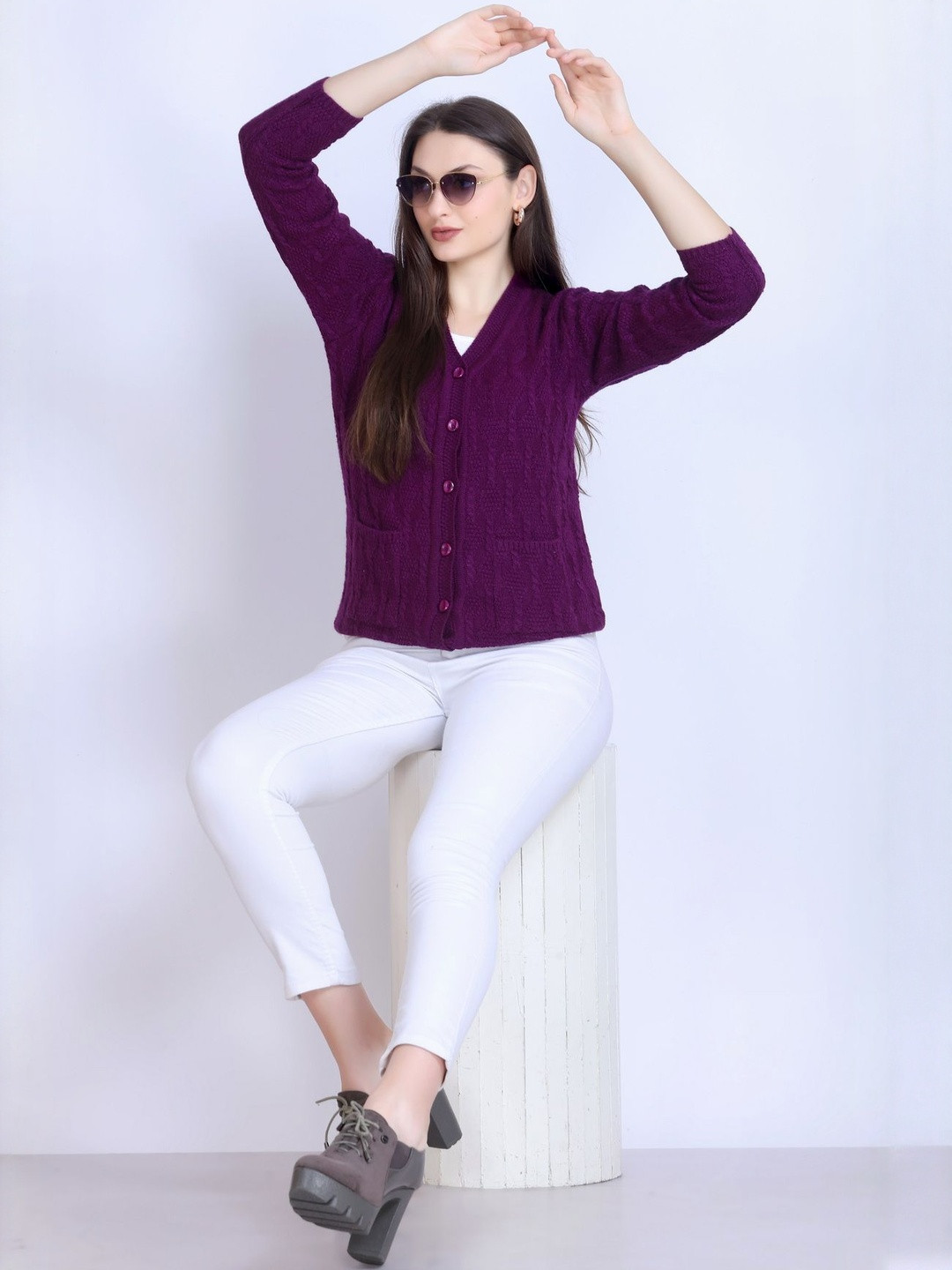 Roadster Women Magenta Wool Embroidered Cardigan
