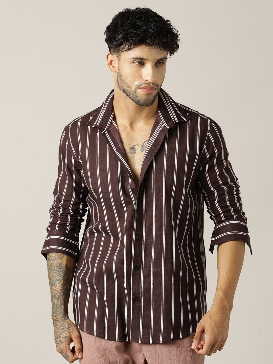 Paper Cut Relaxed Fit Striped Spread Collar Cotton Shirt
