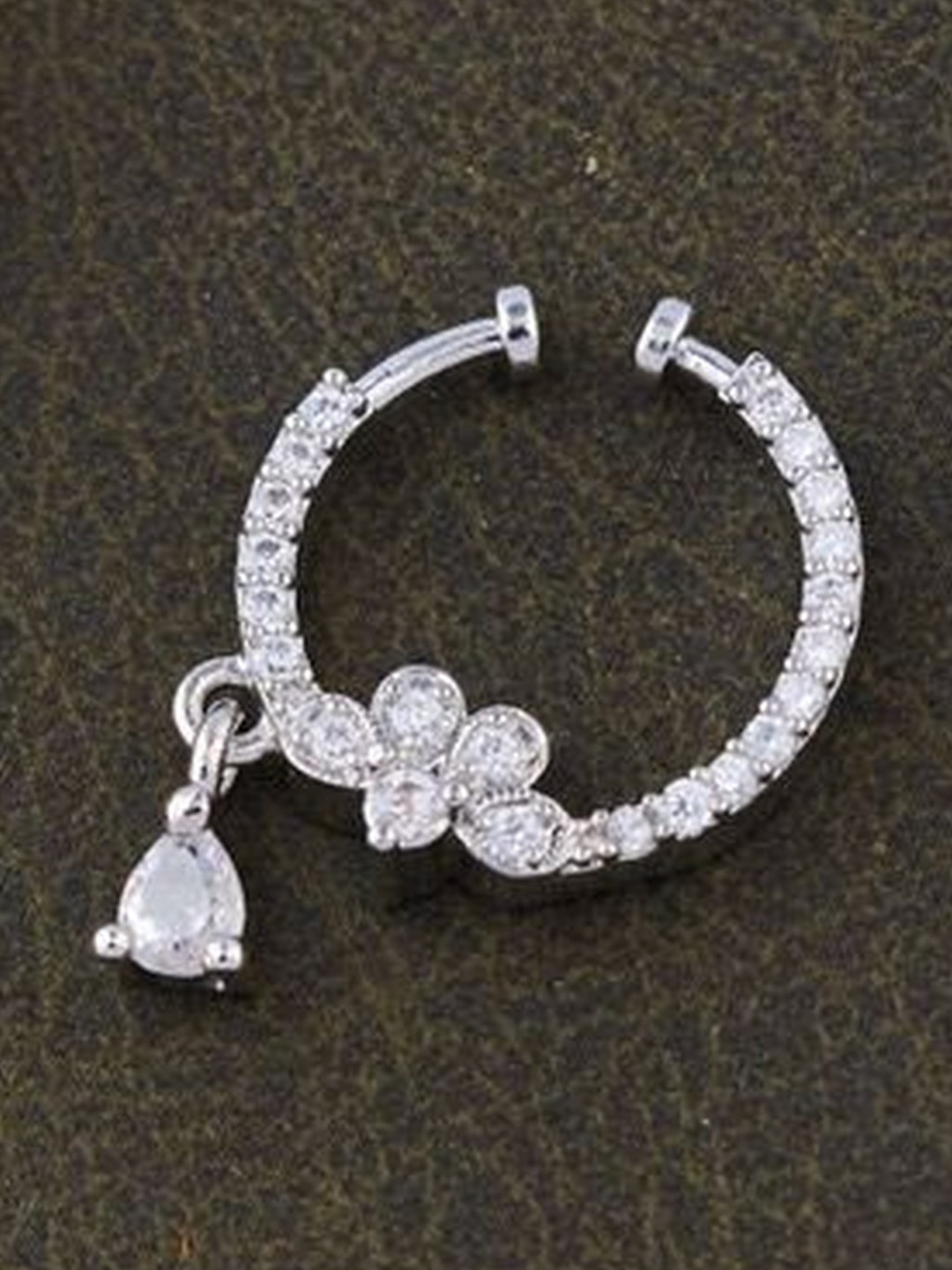 GC PREMIUM JEWELLERY Silver-Plated Cubic Zirconia Studded Floral Charm Ring Nosepin